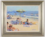 John Terelak. Beach scene with figures relaxing. "Watchers". Oil on canvas. Signed lower right.