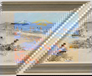 John Terelak. Beach scene with figures relaxing. "Watchers". Oil on canvas. Signed lower right.