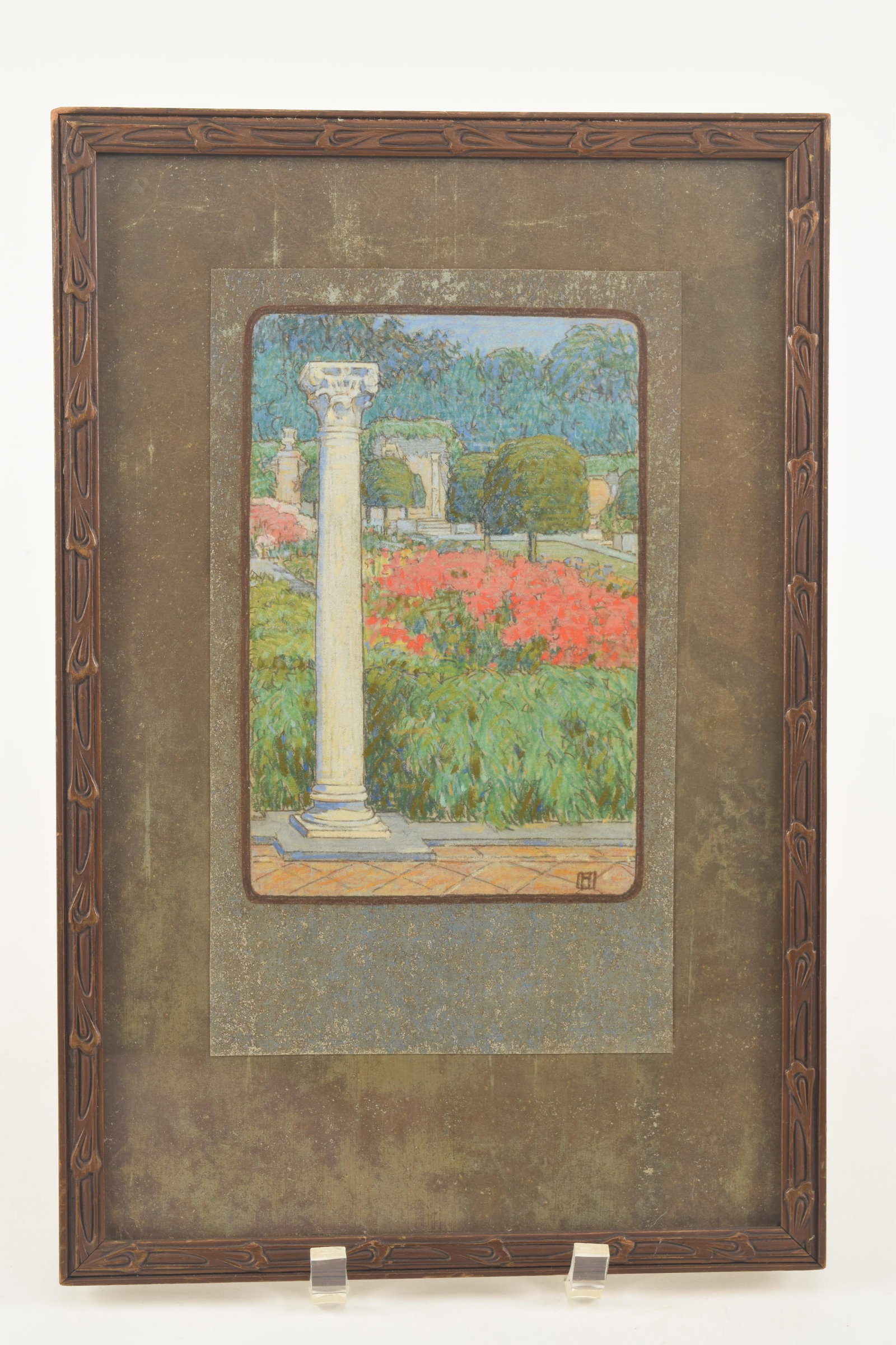 Arts & Crafts pastel of a classical garden scene with column and ruins. Monogram lower right. Framed: Arts & Crafts pastel of a classical garden scene with column and ruins. Monogram lower right. Framed under glass. Overall: 15 x 10in.