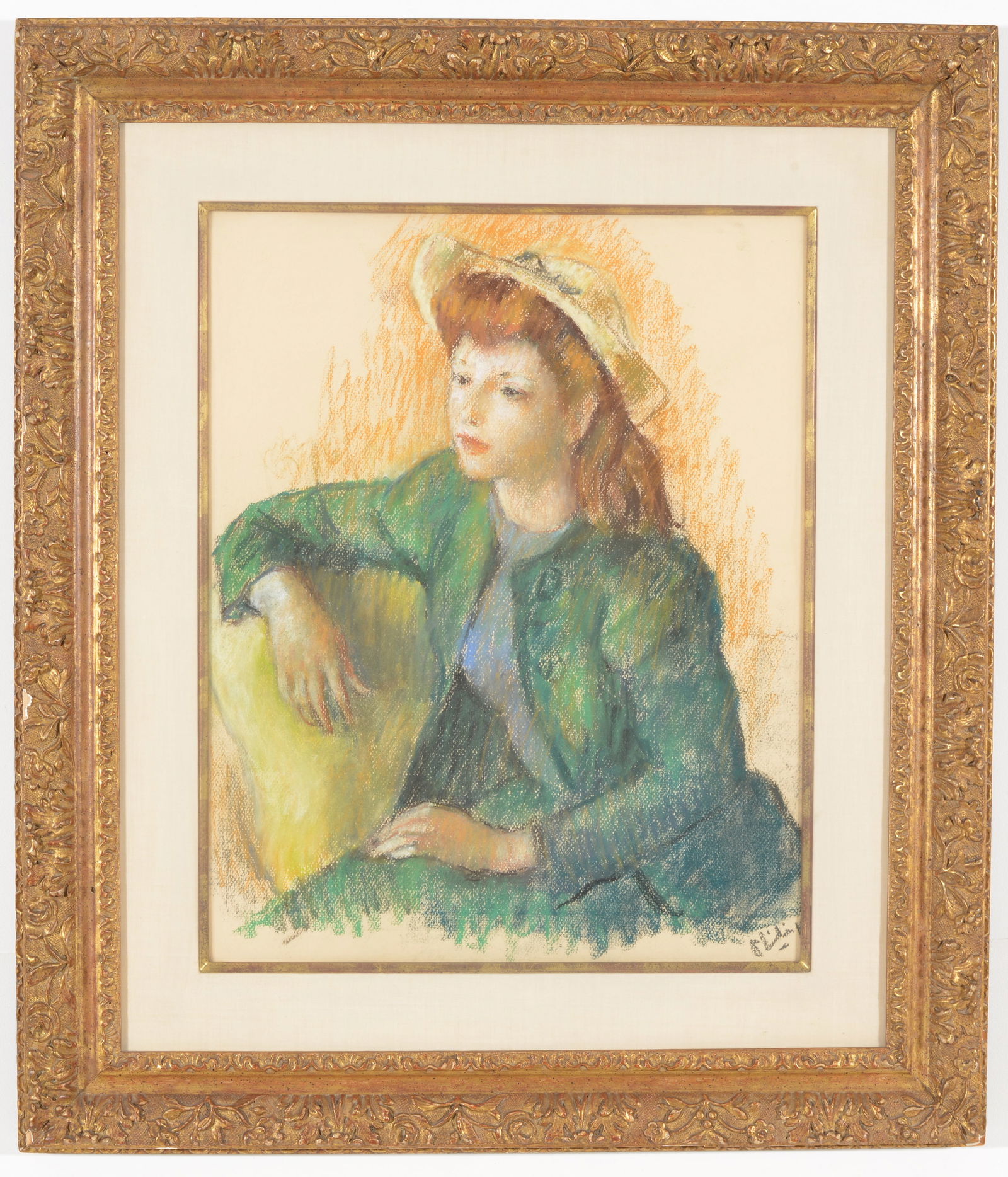 Robert Philipp. Pastel portrait of a young woman in green coat and wearing a hat. Signed lower (1 of 6)