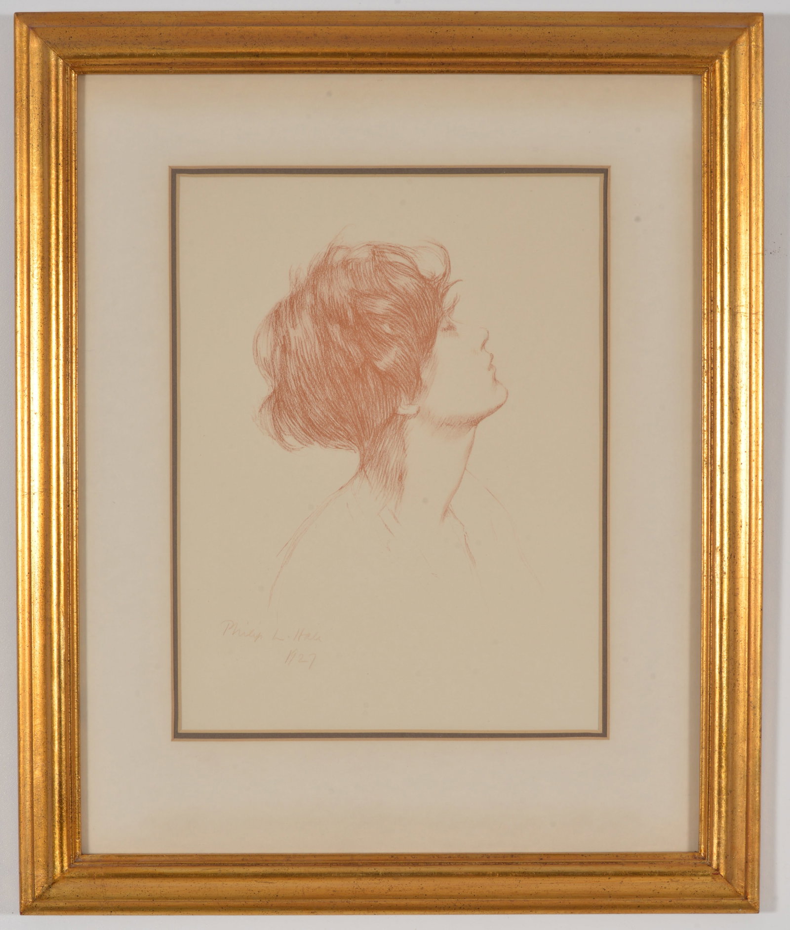 Philip Hale. 1927. Red pencil sketch of a female bust. Signed and dated lower left. Framed under: Philip Hale. 1927. Red pencil sketch of a female bust. Signed and dated lower left. Framed under glass. Sight: 12.5 x 9.5in. Overall: 20.5 x 17in.