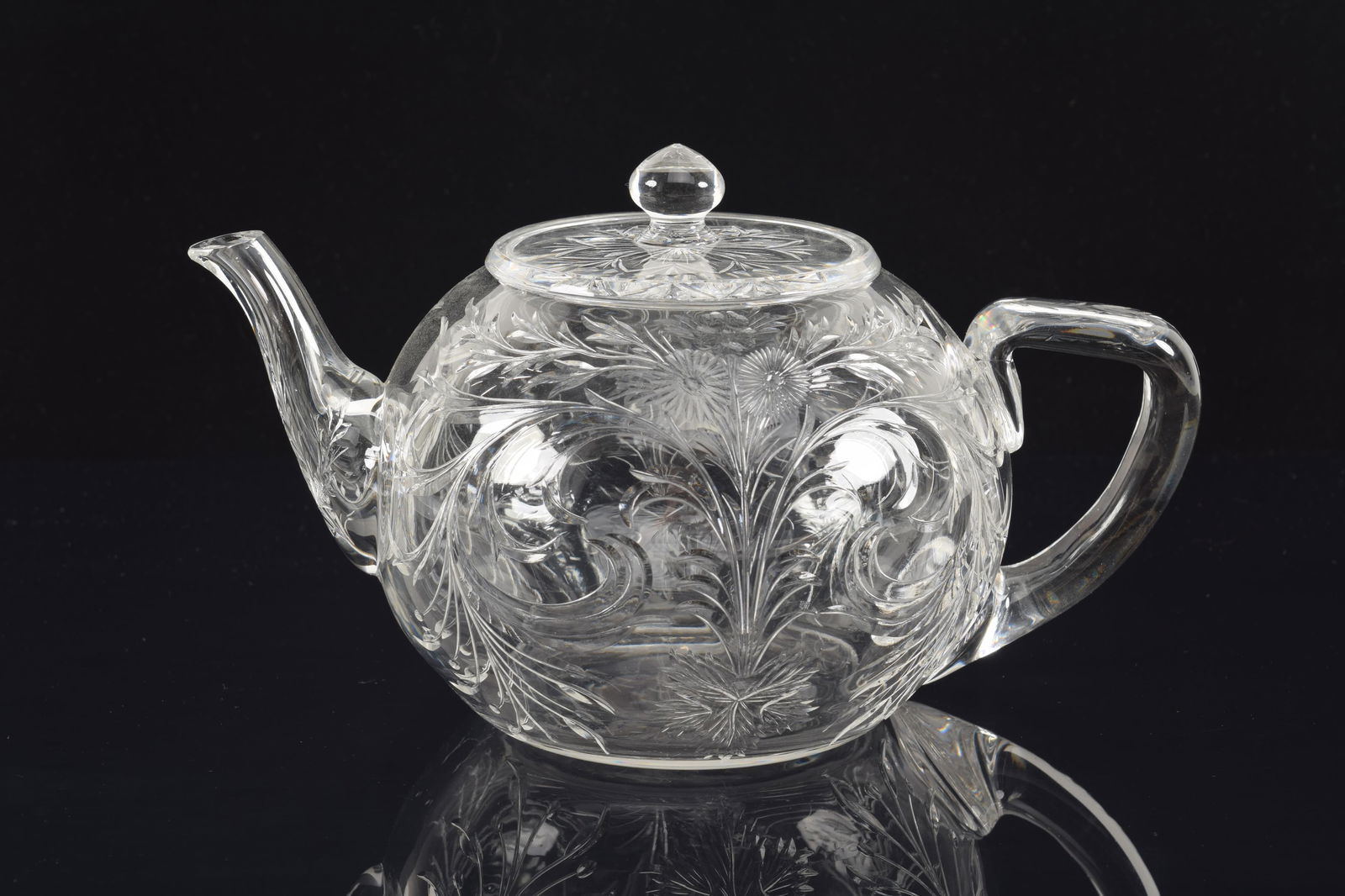 Sinclair etched glass covered teapot. Floral scrolling decoration. 9in wide. (1 of 4)