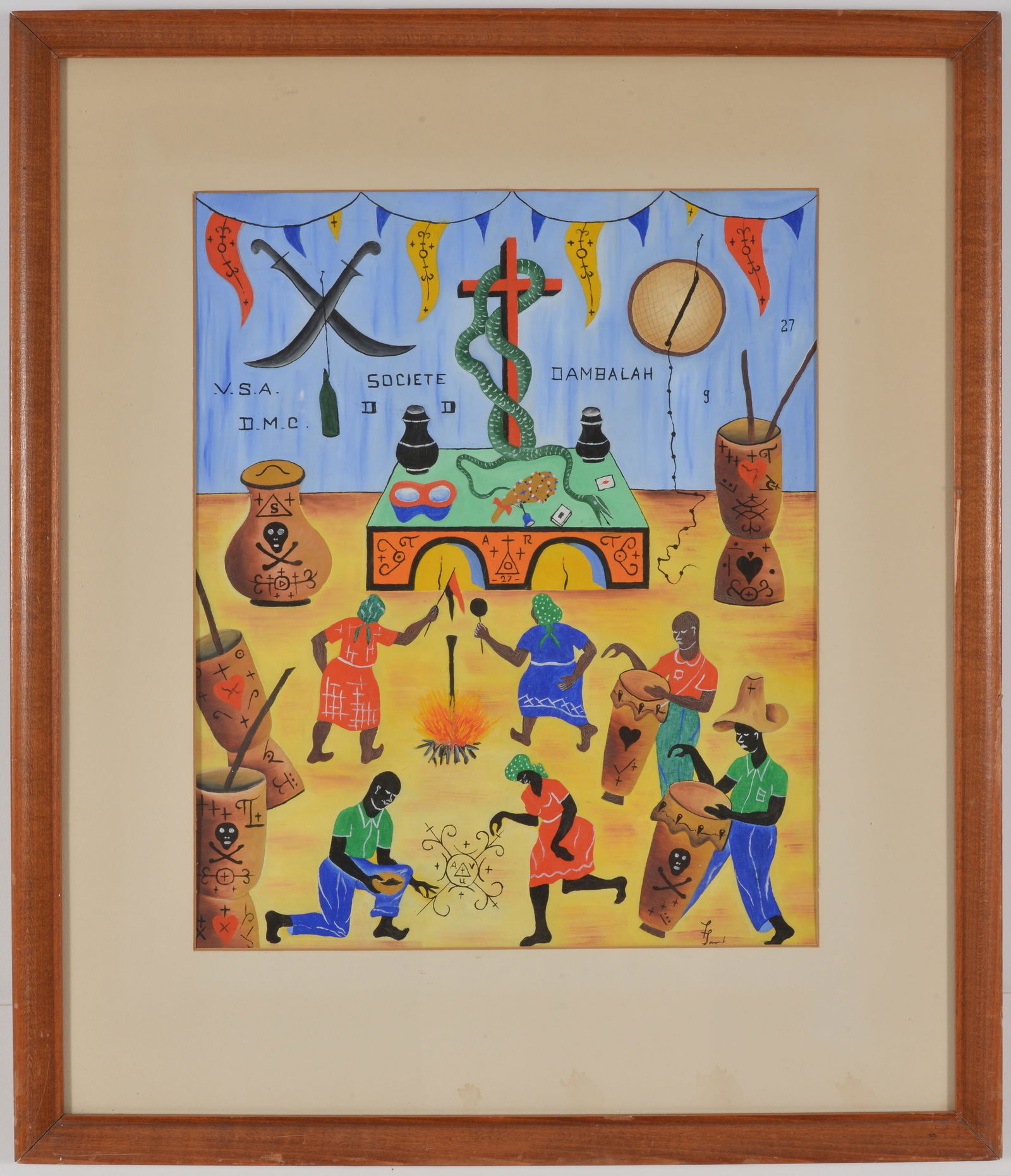 Mid 20th century Haitian school societe dambalah voodoo scene. Signed lower right. Purchased in: Mid 20th century Haitian school societe dambalah voodoo scene. Signed lower right. Purchased in 1946, per consignor. Appears to be oil or tempera on paper or thin board. Framed under glass. Signed ill