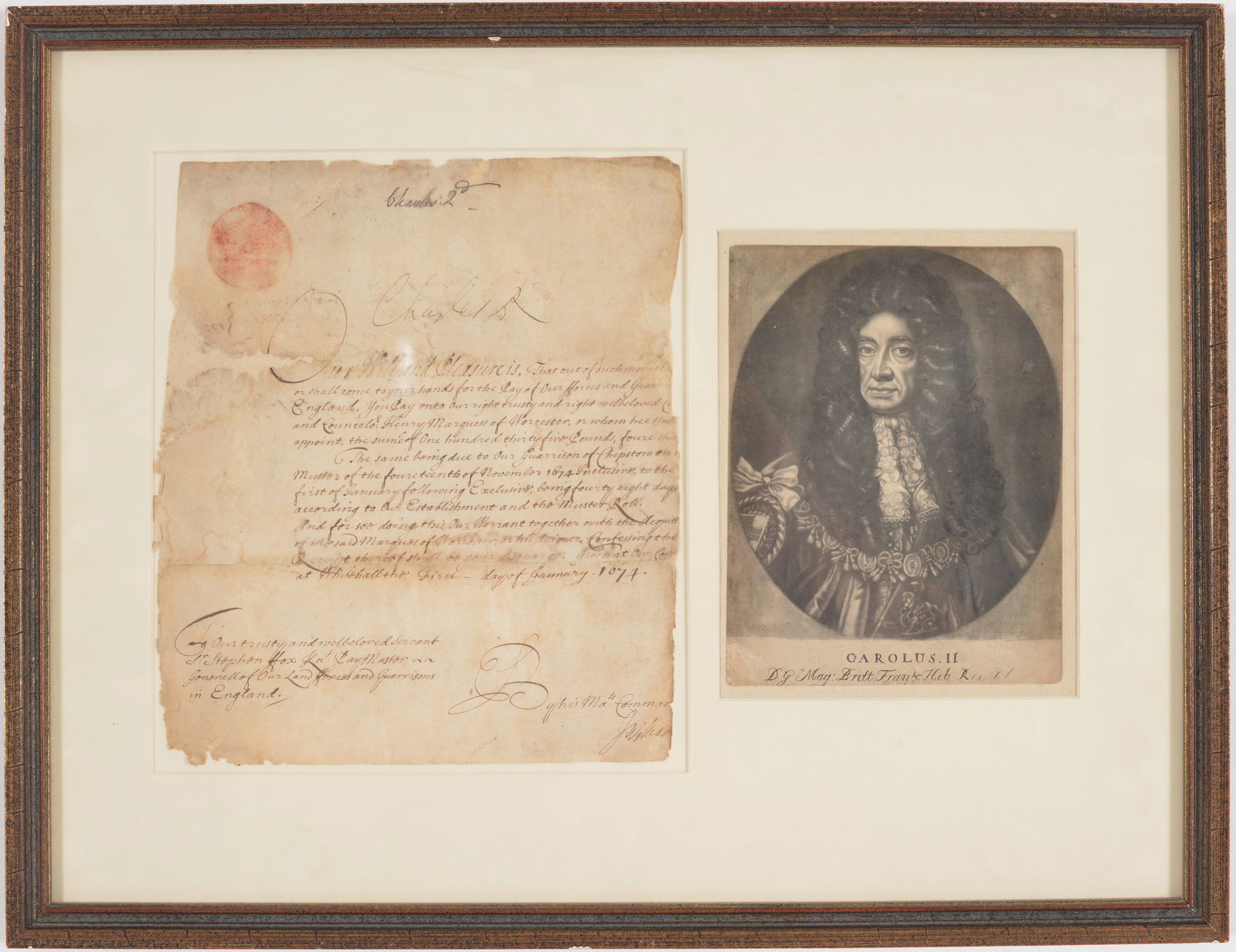 Charles II manuscript letter. Dated January 1, 1674 and concerning the payment of troops and (1 of 8)