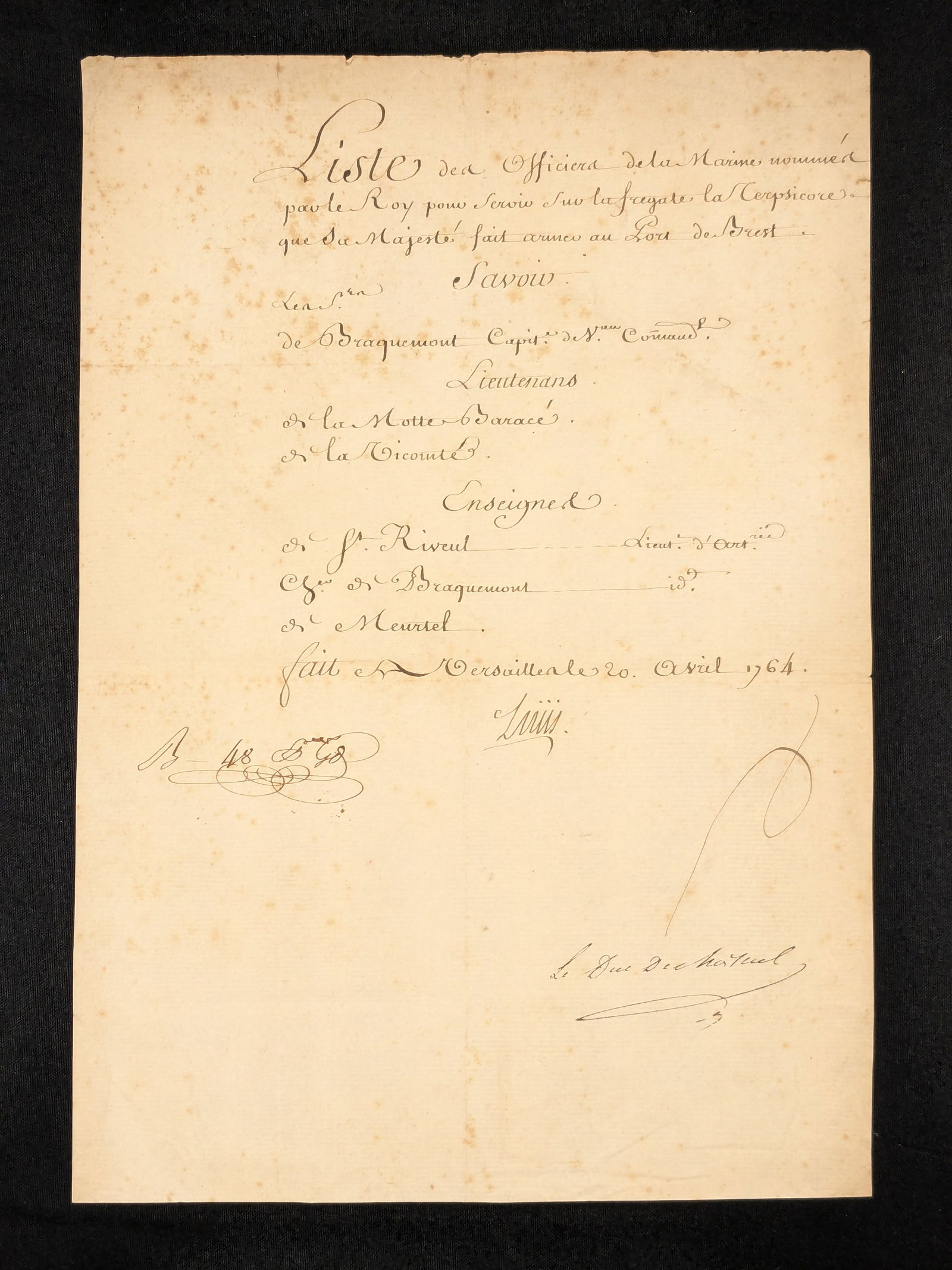 1764 Louis XV signed document listing the officers for the frigate La Terpsicore out of Brest. The (1 of 7)