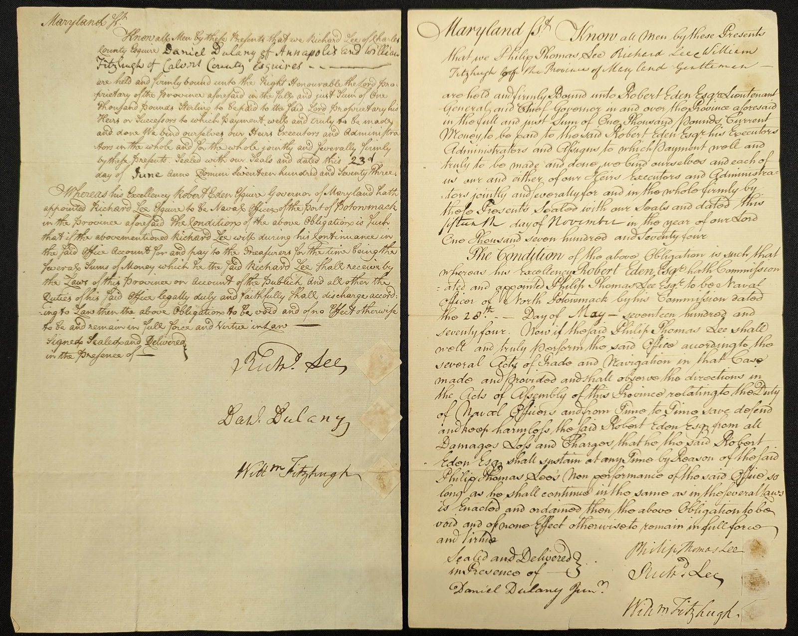 Colonial Maryland Naval Appointment Letters. 1773 letter appointing Richard Lee as Naval Officer, (1 of 12)