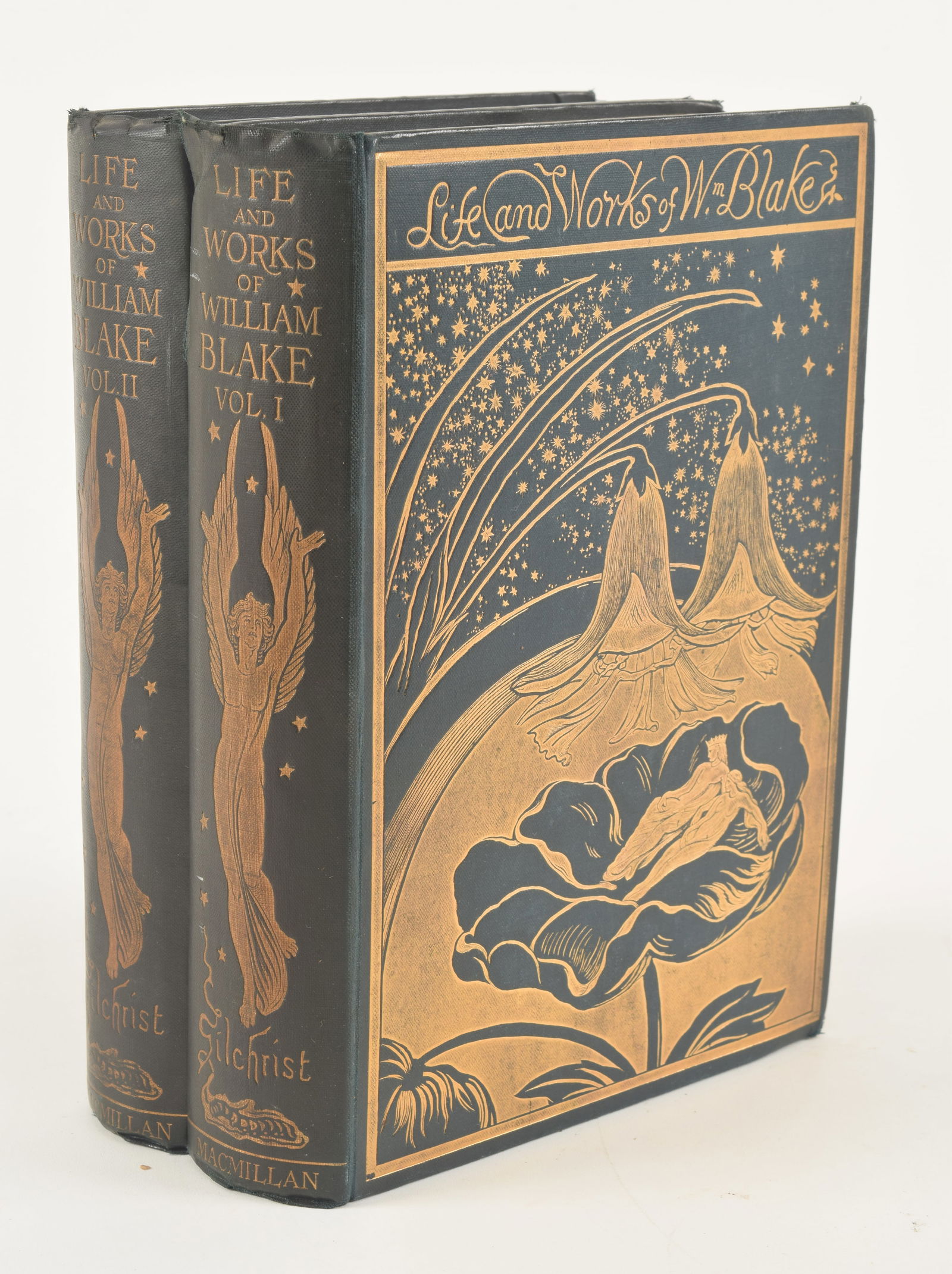 2 vol. Life of William Blake. Fine gilt binding with art nouveau decoration. Alexander Gilchrist.: 2 vol. Life of William Blake. Fine gilt binding with art nouveau decoration. Alexander Gilchrist. Macmillan and Co.: London, 1880. Corners bumped. Shelf wear. Some wear on hinges. 9.5 x 6.75in.