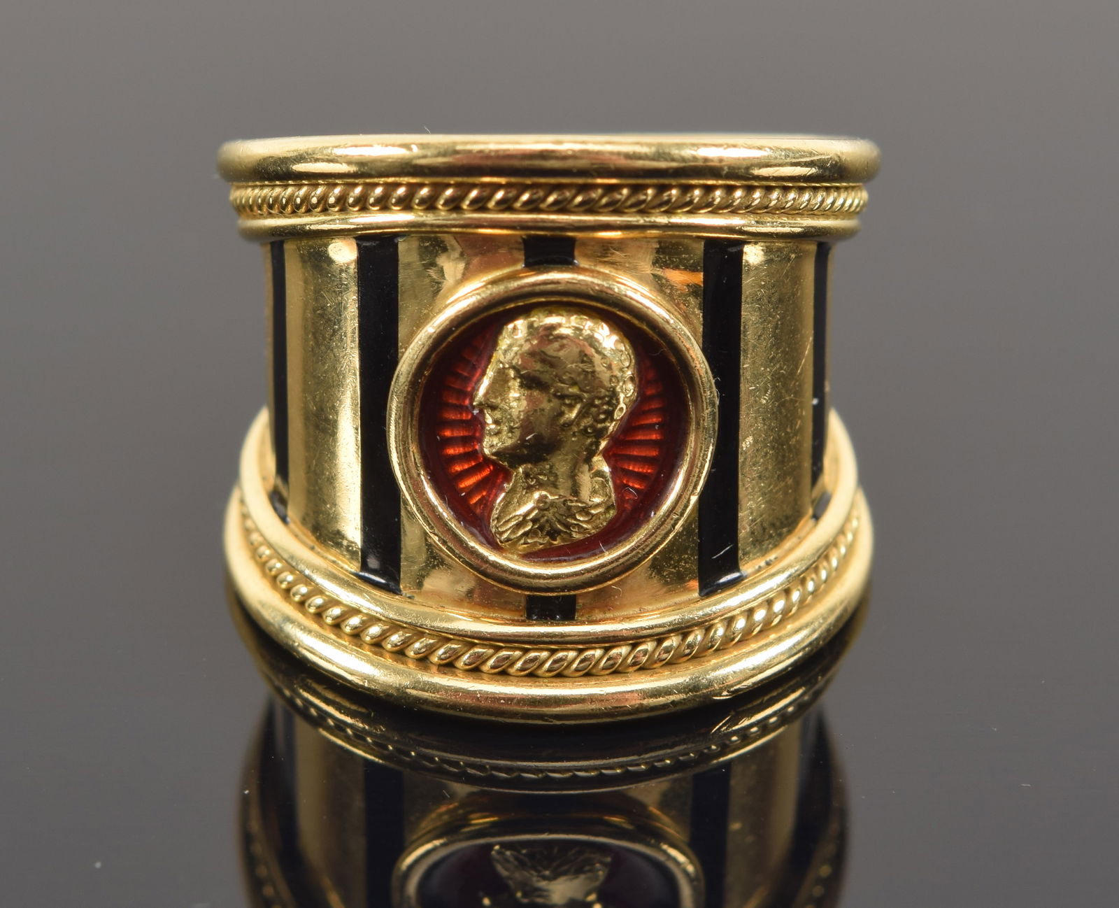 Elizabeth Gage 18K gold ring. Wide band with red enamel backed classical profile of a man. Black (1 of 8)