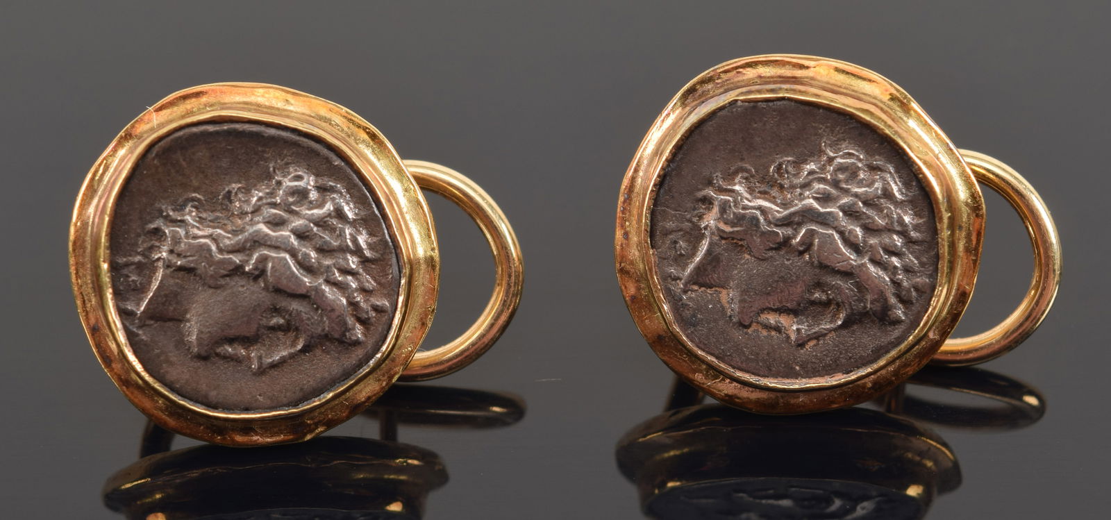Ancient Greek silver coins set as earrings in 14K gold mounts. Each about 15/16mm diameter. 11 (1 of 3)