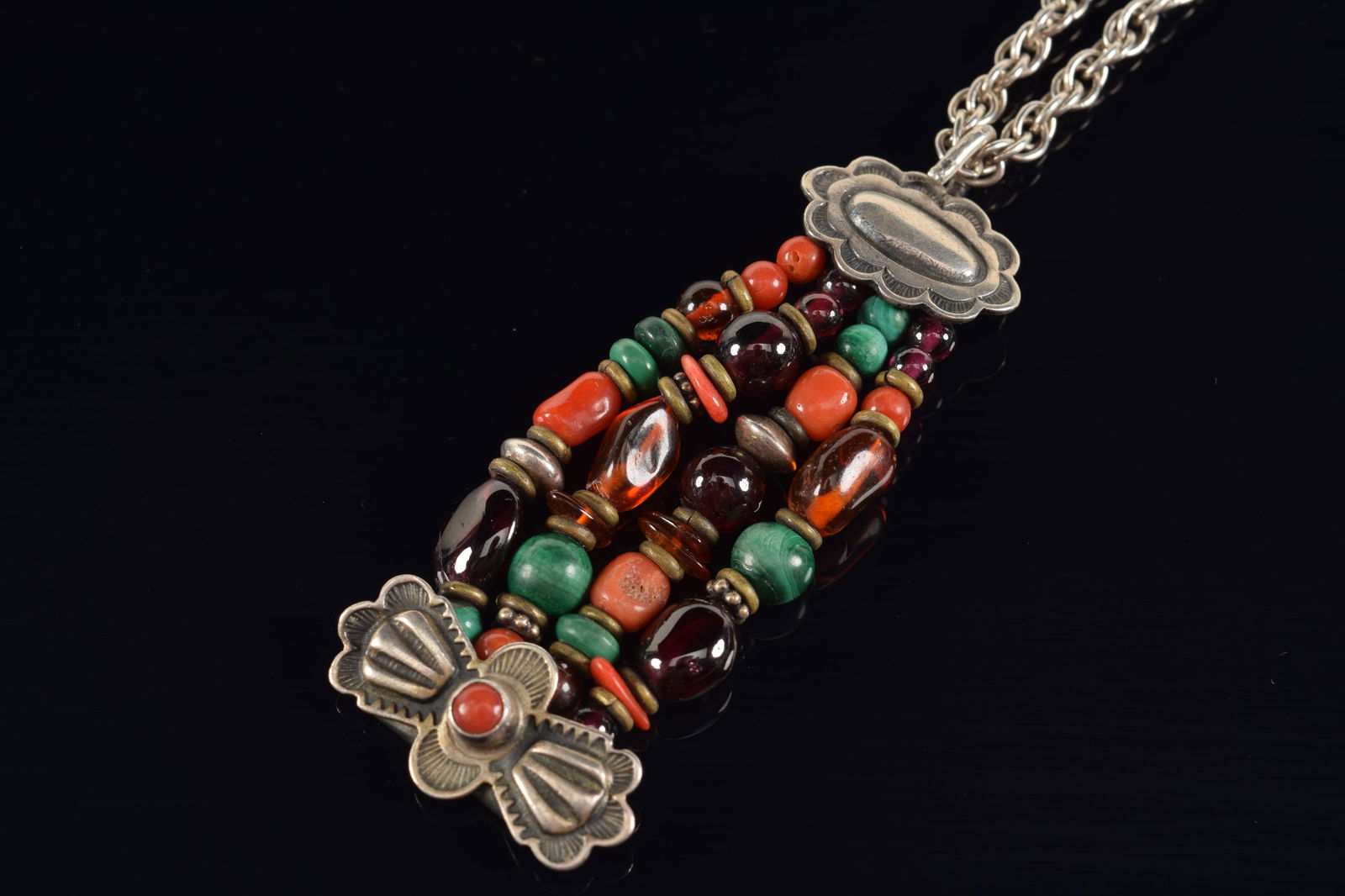 Don Lucas southwest sterling silver beaded pendant necklace. Pendant with southwest design and (1 of 3)