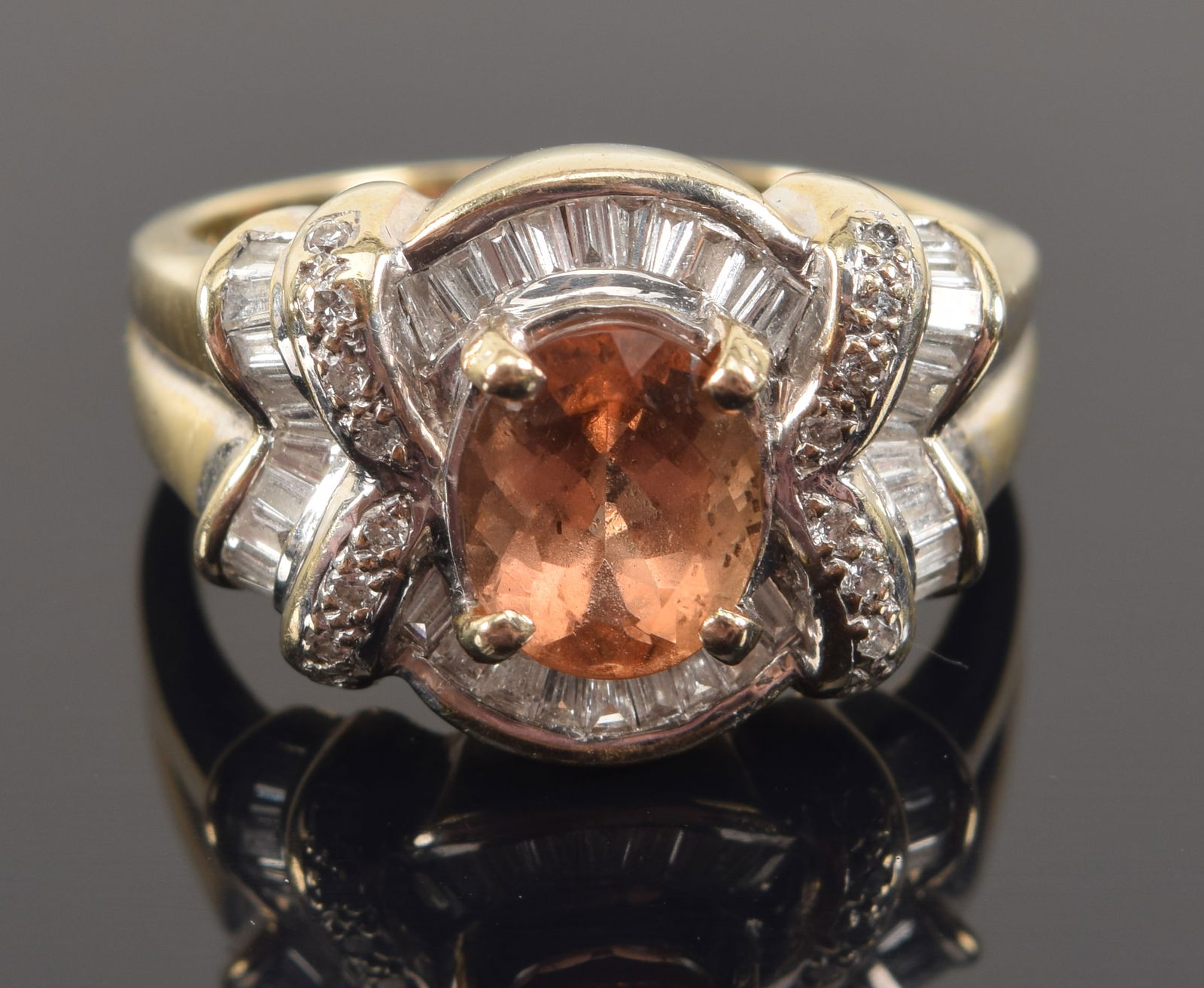 18K gold imperial topaz and diamond ring. Oval cut topaz stone measures approx. 6.3 x 7.7mm. Pale (1 of 5)