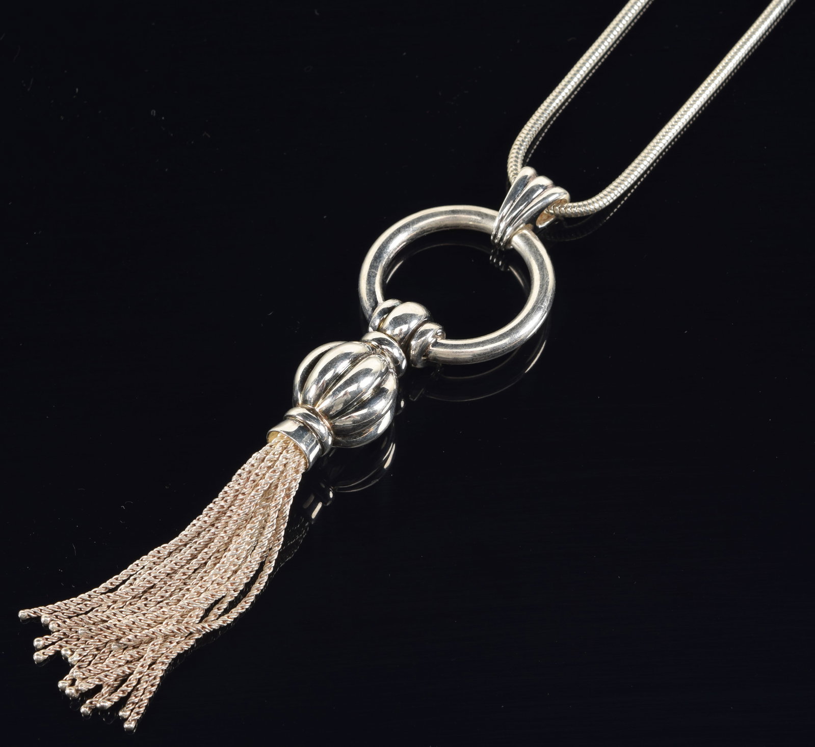 Tiffany & Co. sterling silver tassel dangle necklace. Necklace length: 26in. Marked. 1.7 ozt.: Tiffany & Co. sterling silver tassel dangle necklace. Necklace length: 26in. Marked. 1.7 ozt.