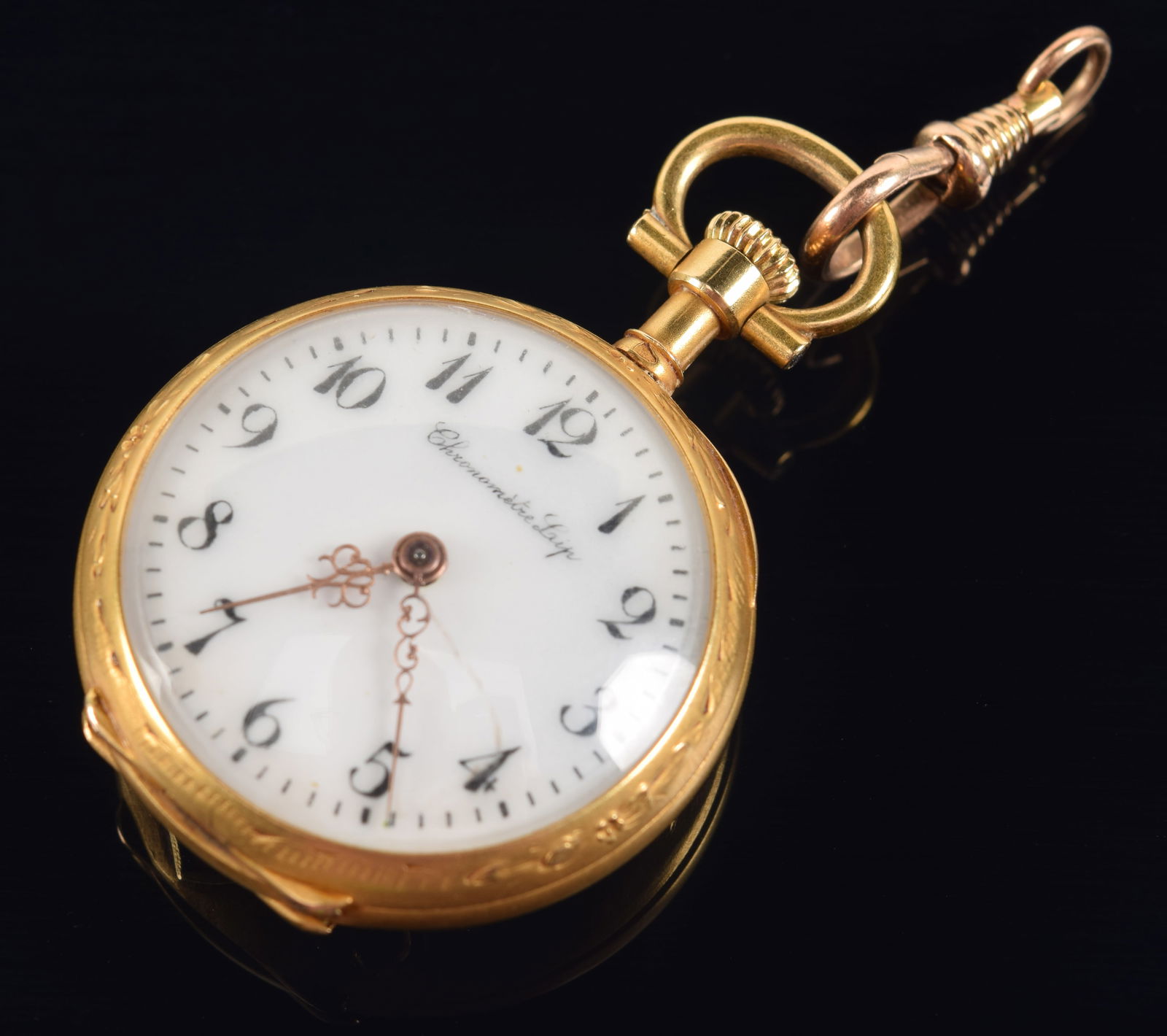Antique Swiss gilt silver ladies pocket watch. Hand painted porcelain dial with Arabic numerals. (1 of 5)