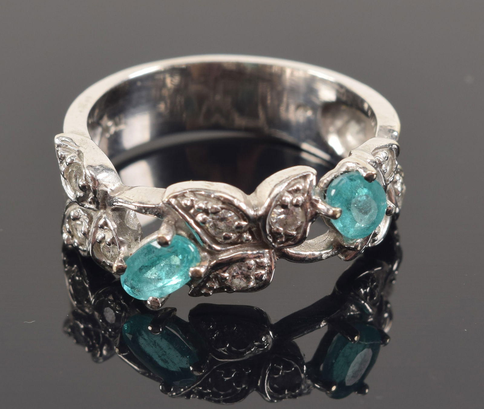 14K white gold Paraiba tourmaline and diamond ring. 2 oval cut tourmaline stones measuring 3.1 x (1 of 7)