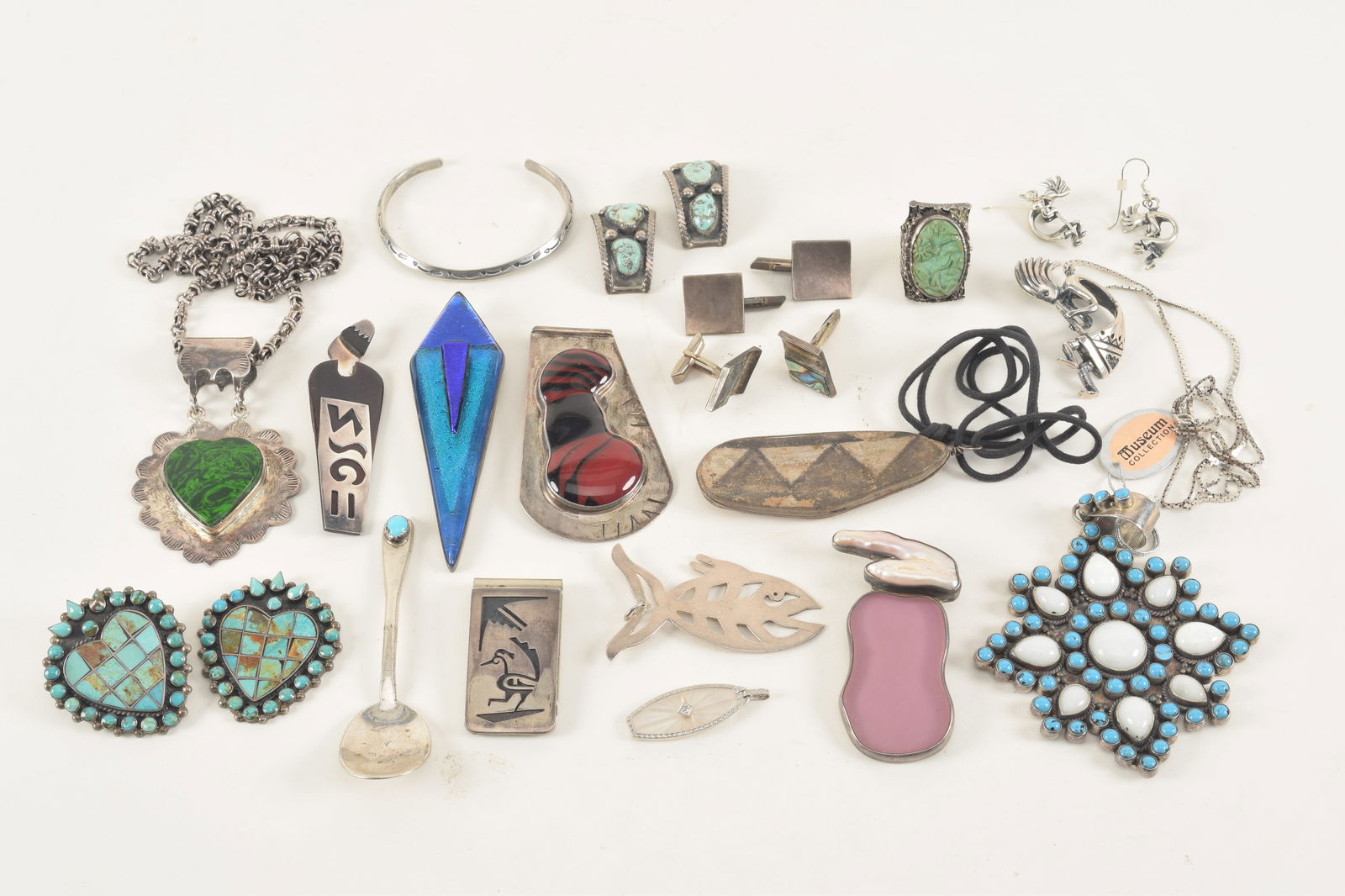 Lot of sterling silver Southwestern and designer jewelry. To include: Malachite mounted Mexican (1 of 9)