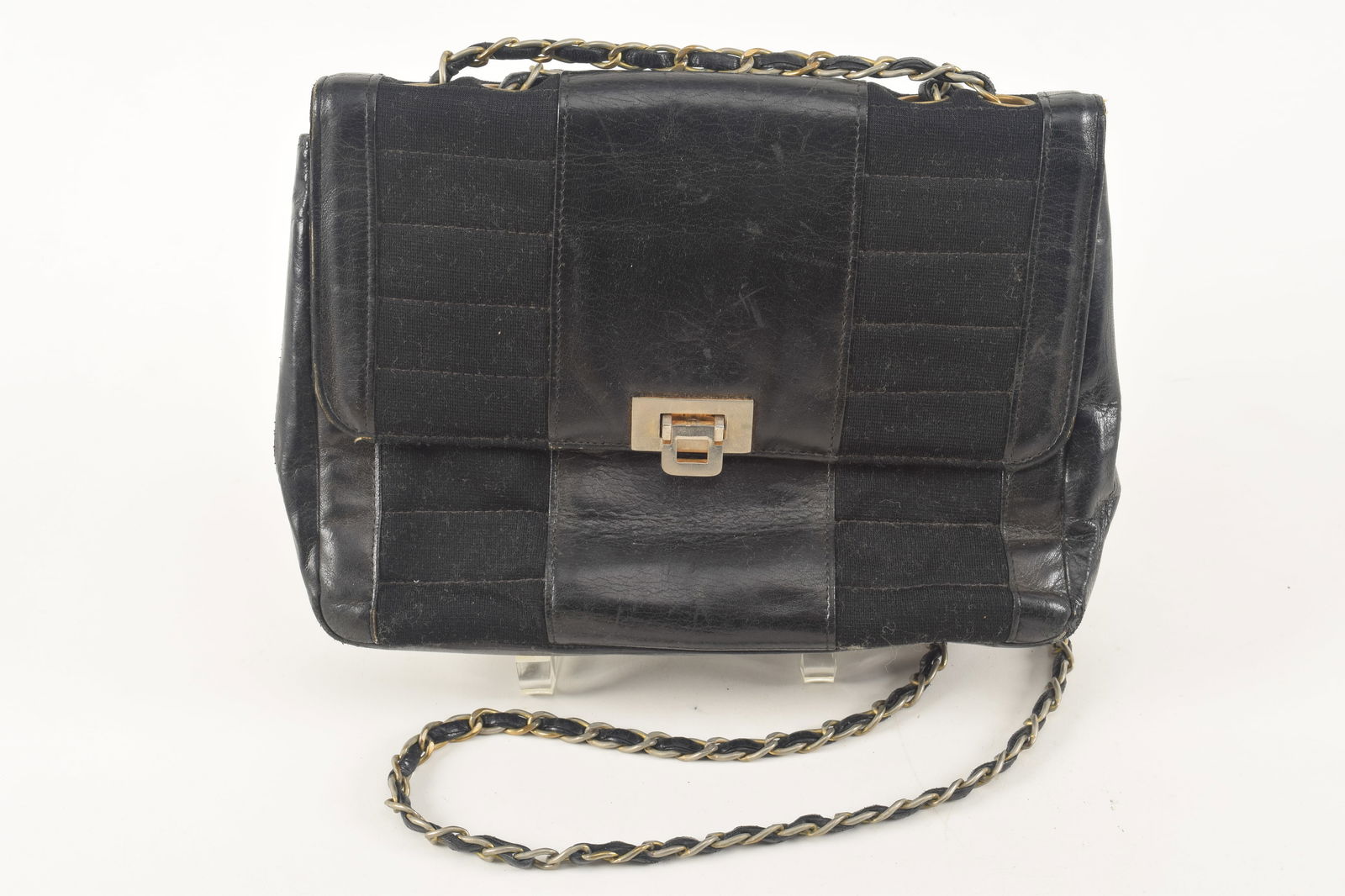 Chanel vintage mid 20th century black leather and suede purse. Marked inside and CC design inside: Chanel vintage mid 20th century black leather and suede purse. Marked inside and CC design inside flap. 11in wide. Used condition, needs cleaning.