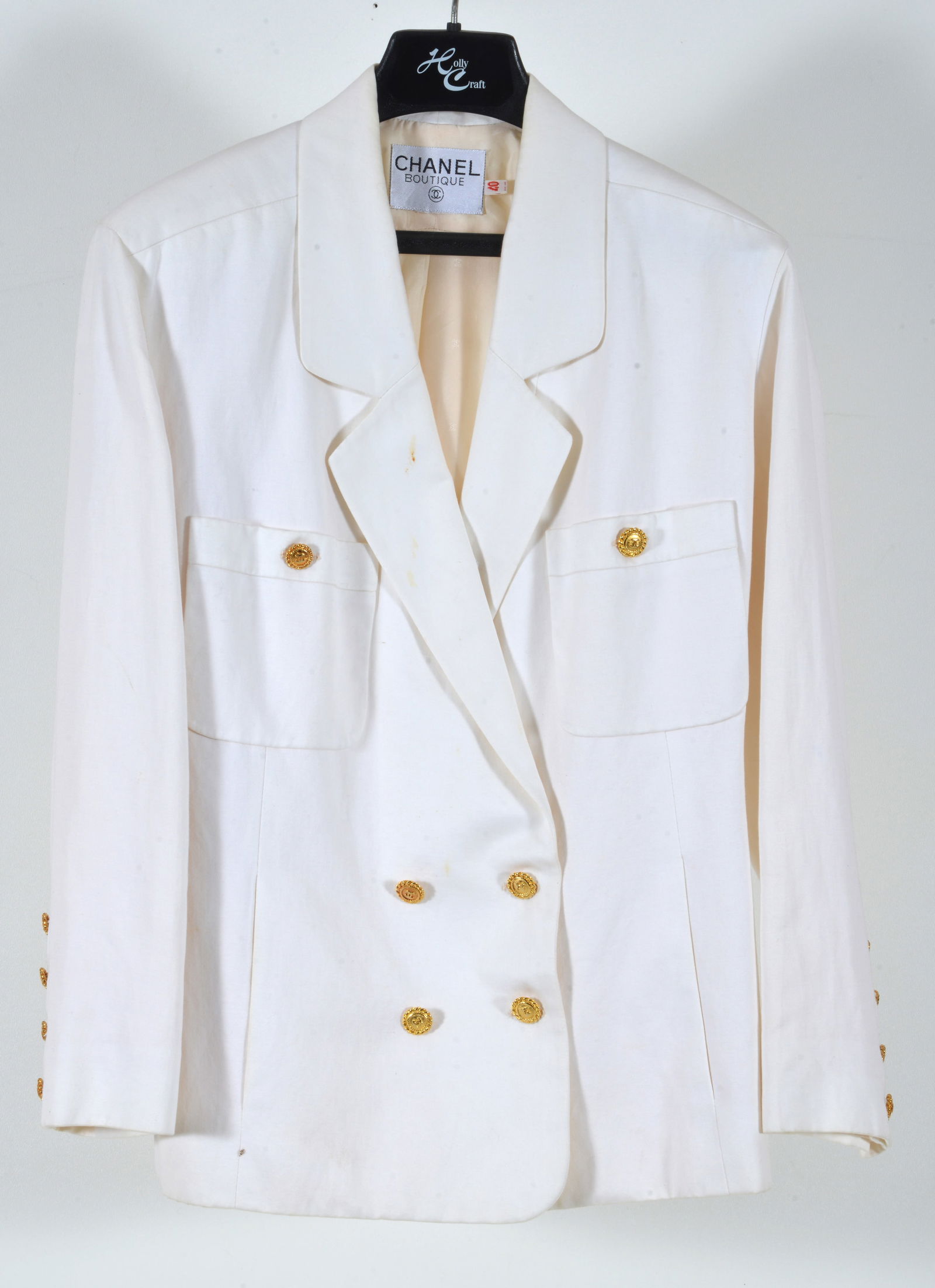 Vintage Chanel Boutique double breasted blazer in white gilded buttons with "CC" emblem. Size 40. (1 of 7)