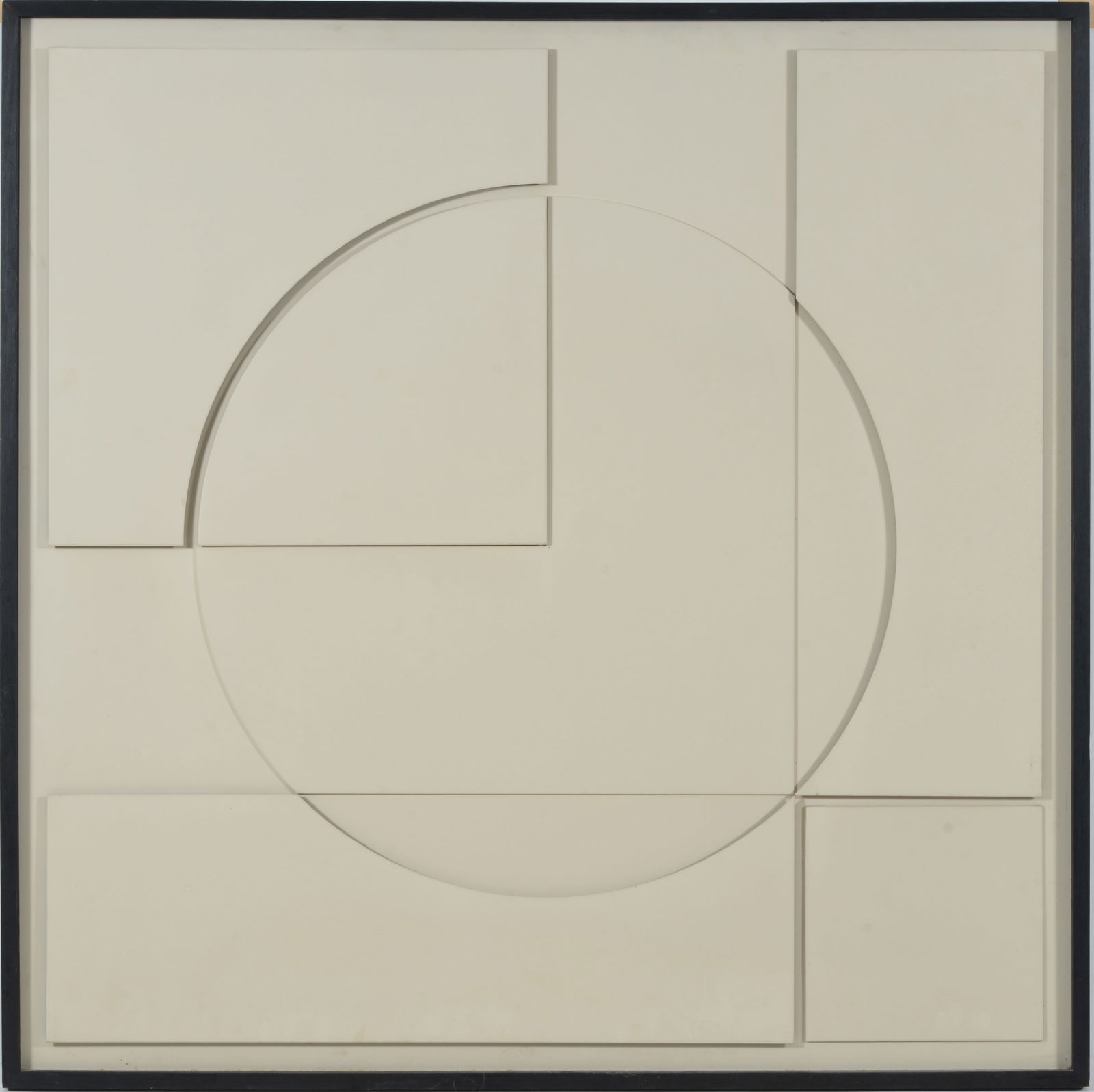 Mid Century geometric white painted paneled wood relief mural, circa 1960. Label on reverse Forrest (1 of 7)