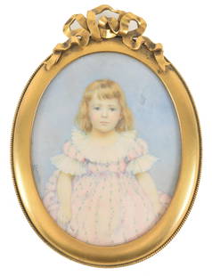 Laura Coombs Hills. 1894. Charming miniature portrait painting of a young girl in pastel floral pink: Laura Coombs Hills. 1894. Charming miniature portrait painting of a young girl in pastel floral pink dress against a blue background. Oval form. Signed left edge. Gilt metal frame with glass. Small fl