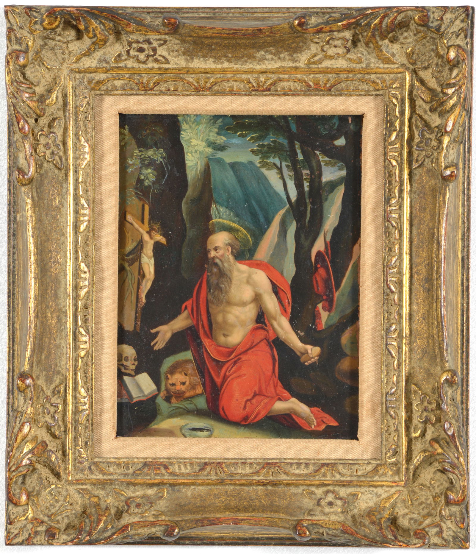 17th/18th century Flemish old master painting of Saint Jerome in a landscape with objects. Oil on (1 of 8)