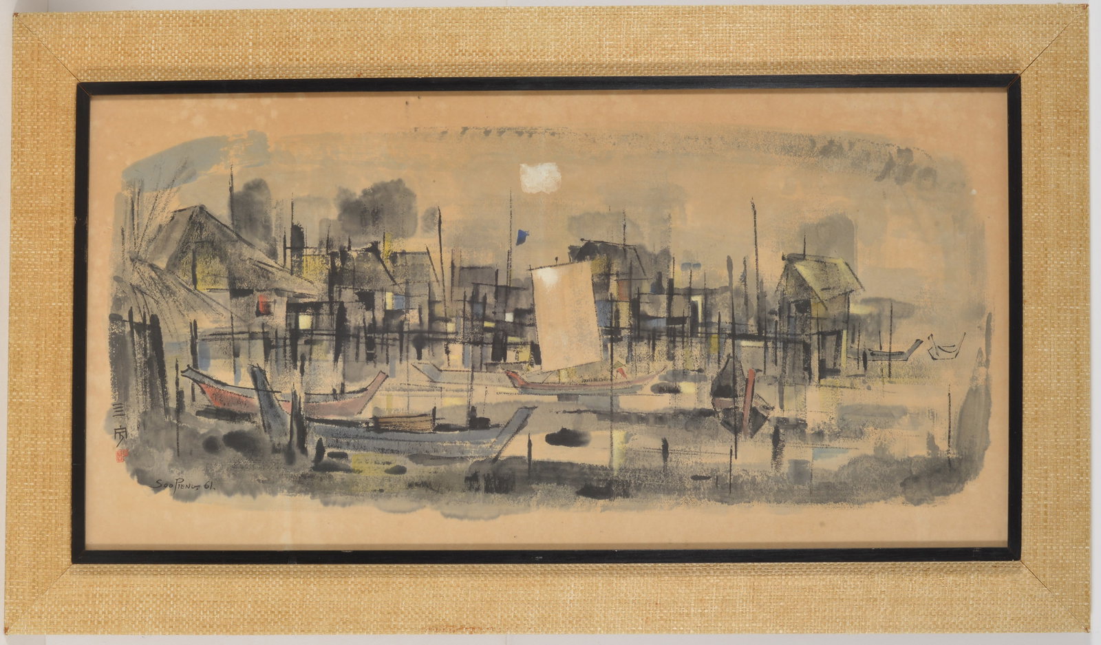 Soo Pieng Cheong. Singapore. "Trengganu Village". 1961. Large original mixed media watercolor canal (1 of 11)