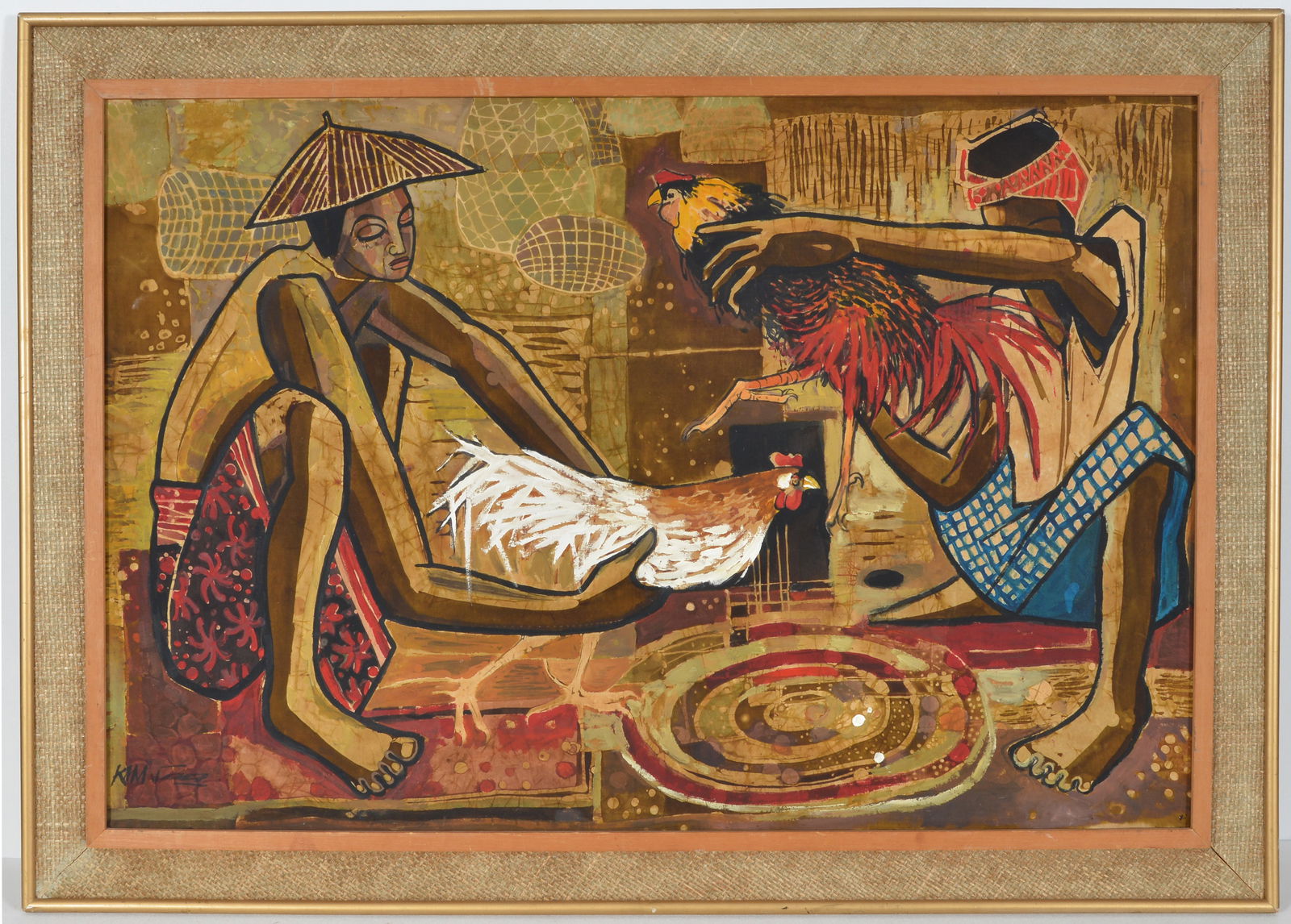 Seah Kim Joo. Singapore. Large original hand painted batik scene. "Cockfighters". Original label on (1 of 9)