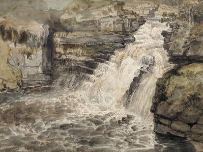 James Ward (1769-1859), Early 19th century view of the Falls of Clyde in Lanarkshire. Watercolor: James Ward (1769-1859), Early 19th century view of the Falls of Clyde in Lanarkshire. Watercolor painting. Monogrammed lower left J WARD R.A." Titled on reverse. Unframed. Sight: 10.5 x 14.25in.