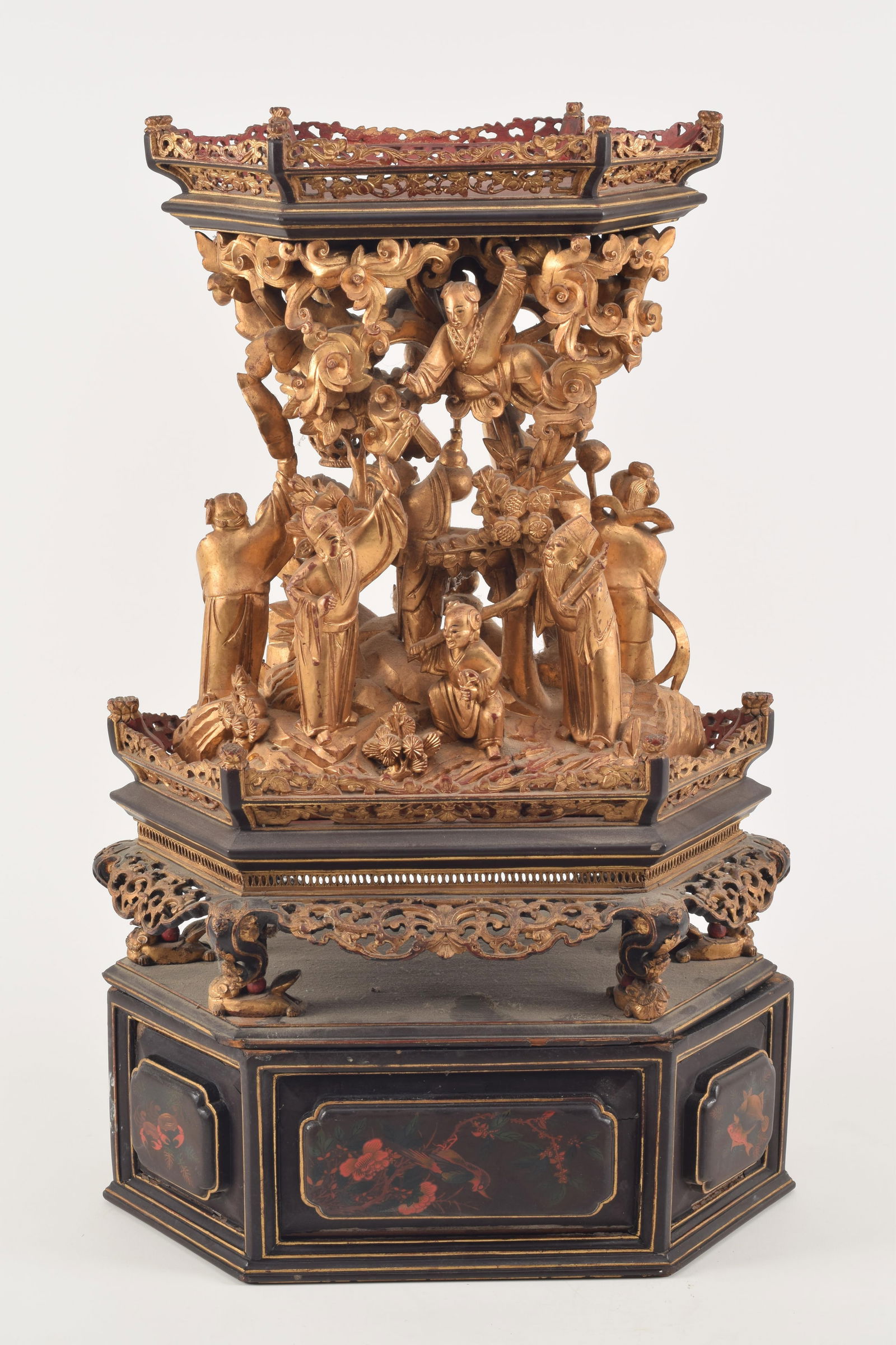 Ornate carved carved base. China. 19th century. Wood carved and pierced with gilt and red and black (1 of 7)