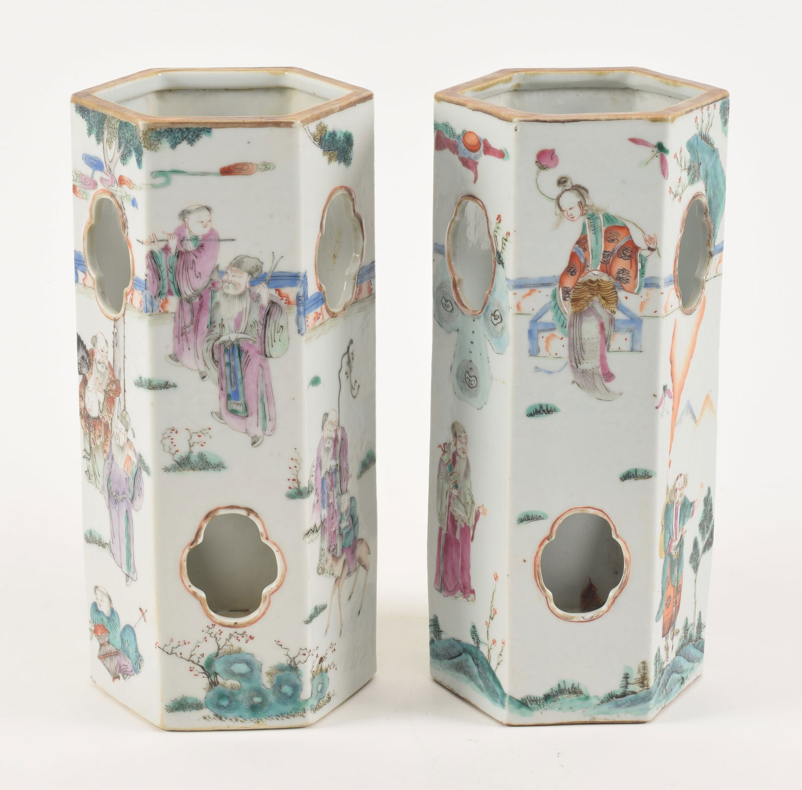 Pair of 19th century Chinese famille rose hexagonal form porcelain hat stands. Each with fine (1 of 8)