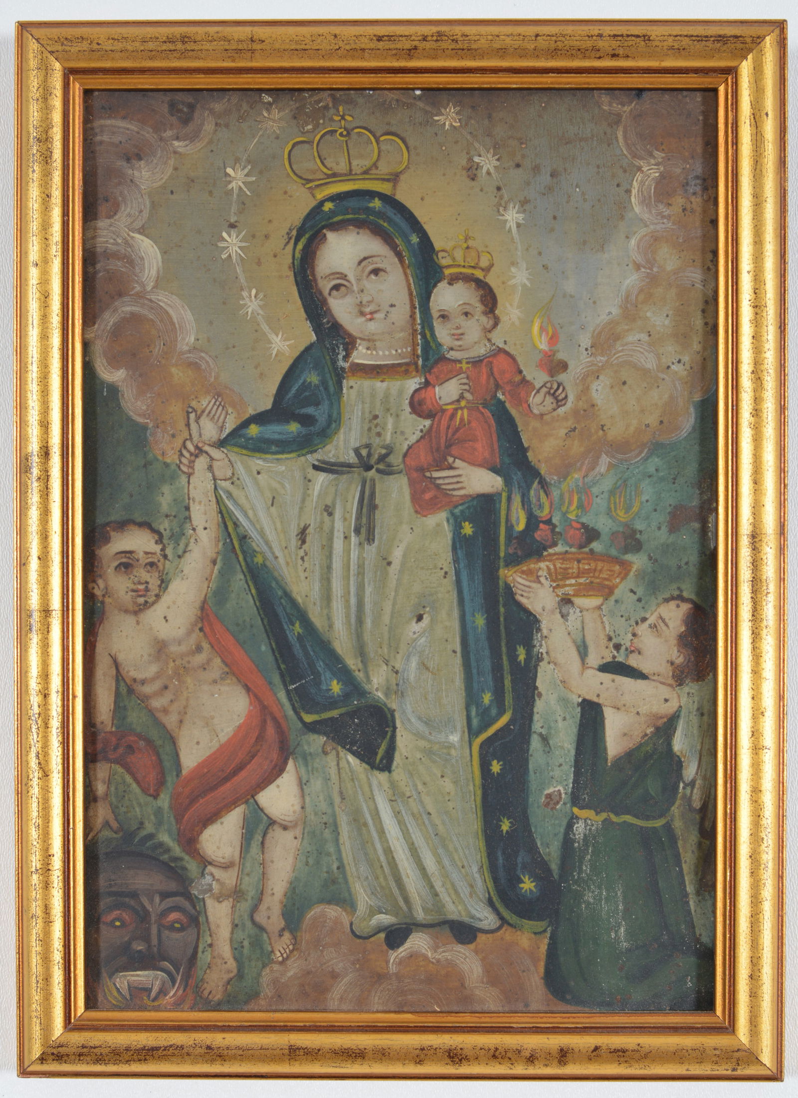19th century Mexican retablo on tin with the Virgin Mary and Child. Overall: 11.25 x 8.25in. (1 of 5)