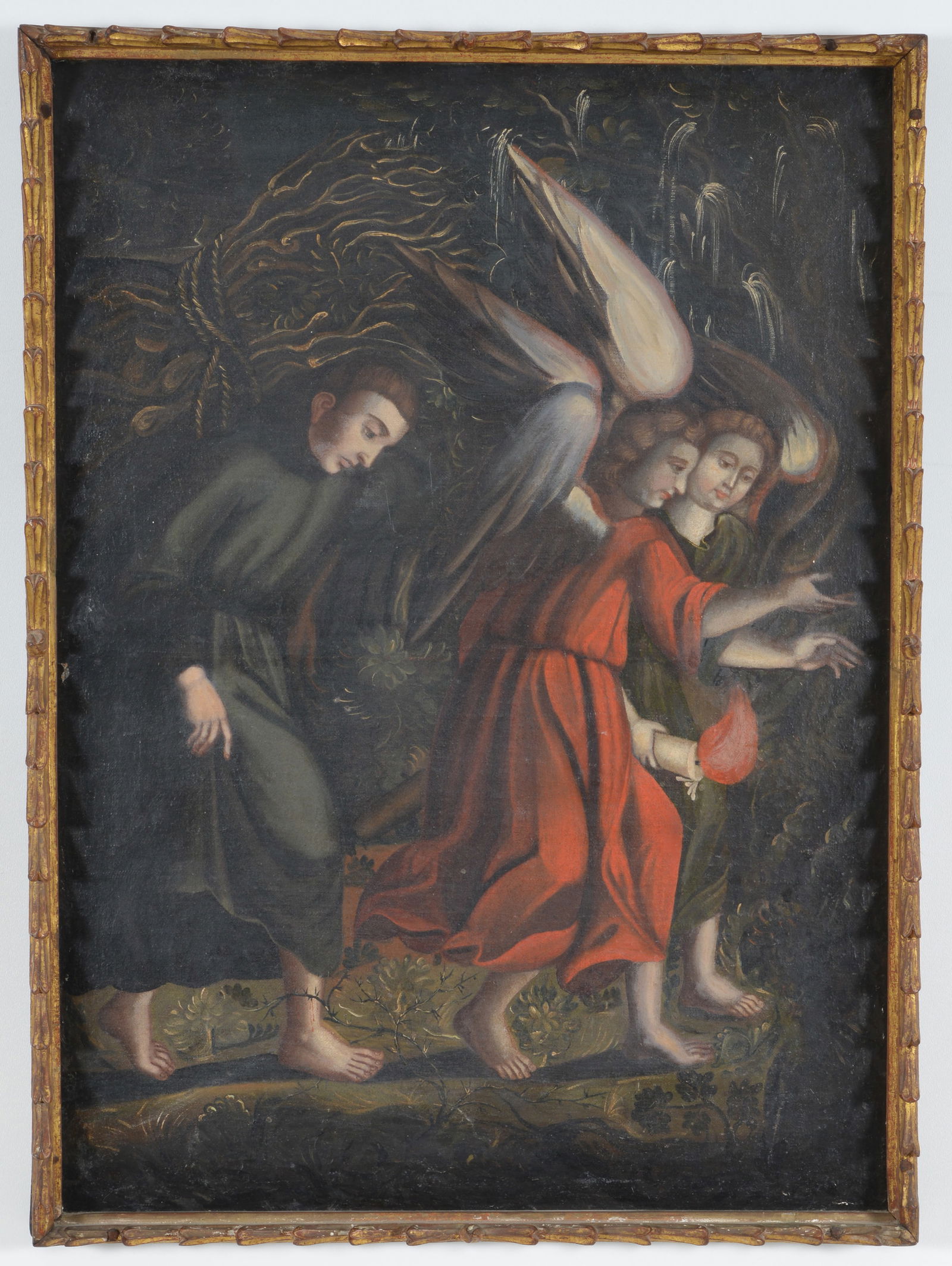 18th/19th century colonial Latin American painting depicting a friar and 2 winged angels in a (1 of 6)