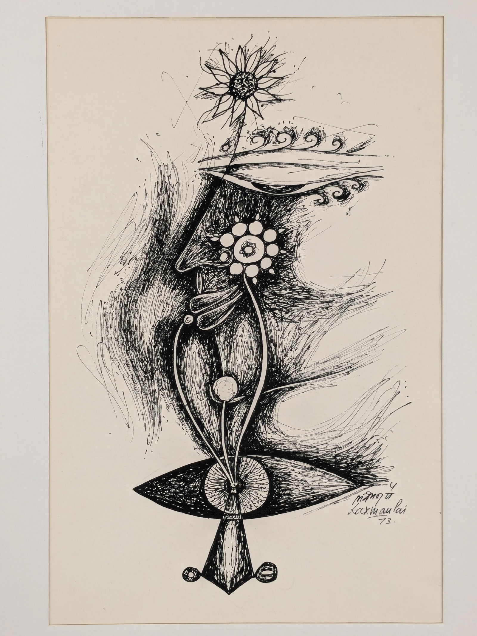 Laxman Pai. India/France. 1973. Figural surrealist ink drawing. Signed and dated lower right. (1 of 3)