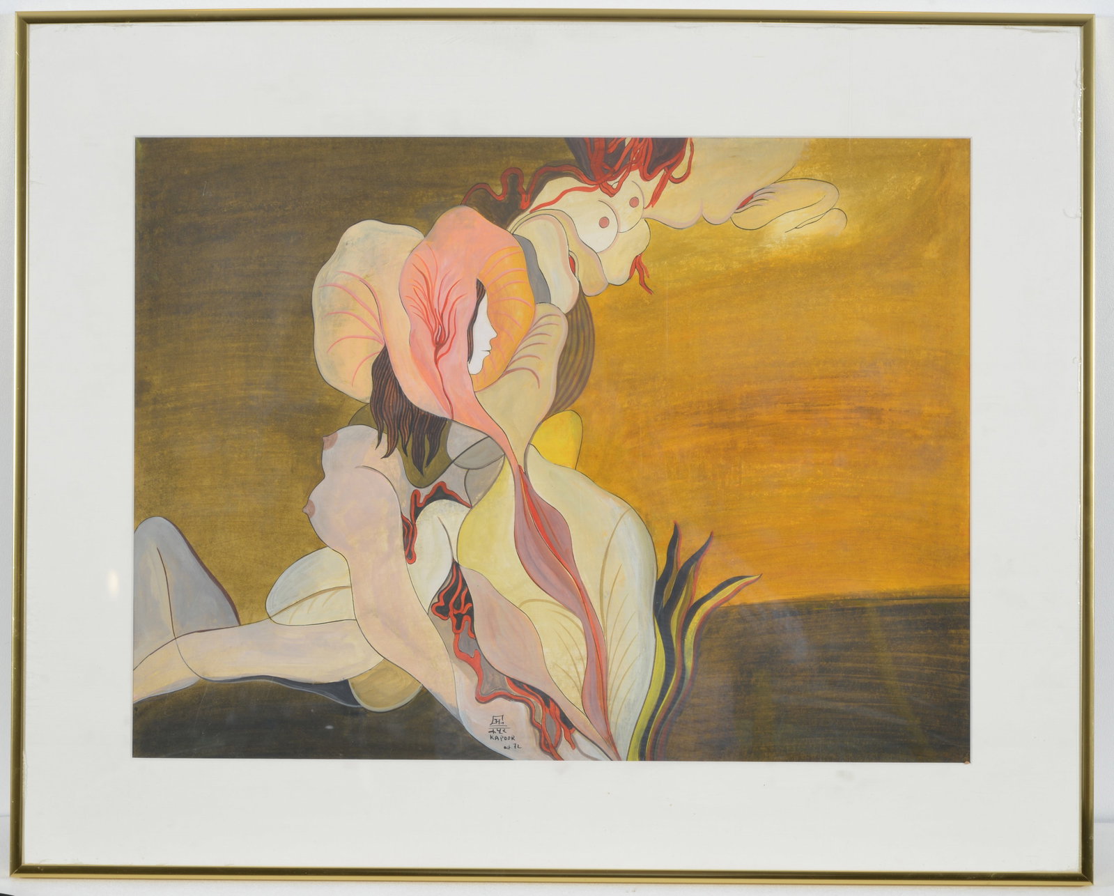 Bhagwan Kapoor. India. 1972. Surrealist nude female figure with flowers. Gouache and watercolor.: Bhagwan Kapoor. India. 1972. Surrealist nude female figure with flowers. Gouache and watercolor. Signed twice and dated '72 lower center. Framed under plexiglass. Sight: 17.5 x 23.5in. Overall: 24.5 x