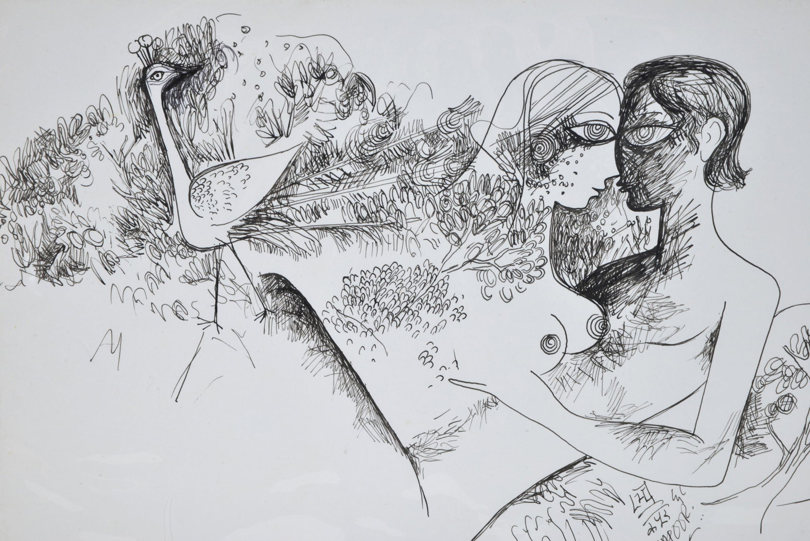 Bhagwan Kapoor. India. "Lovers in the Spring". Ink drawing of a nude woman and man with flowers and: Bhagwan Kapoor. India. "Lovers in the Spring". Ink drawing of a nude woman and man with flowers and a bird. Signed lower right. Titled and other info on reverse. Mounted. Sheet size: 11.75 x 16.5in. O