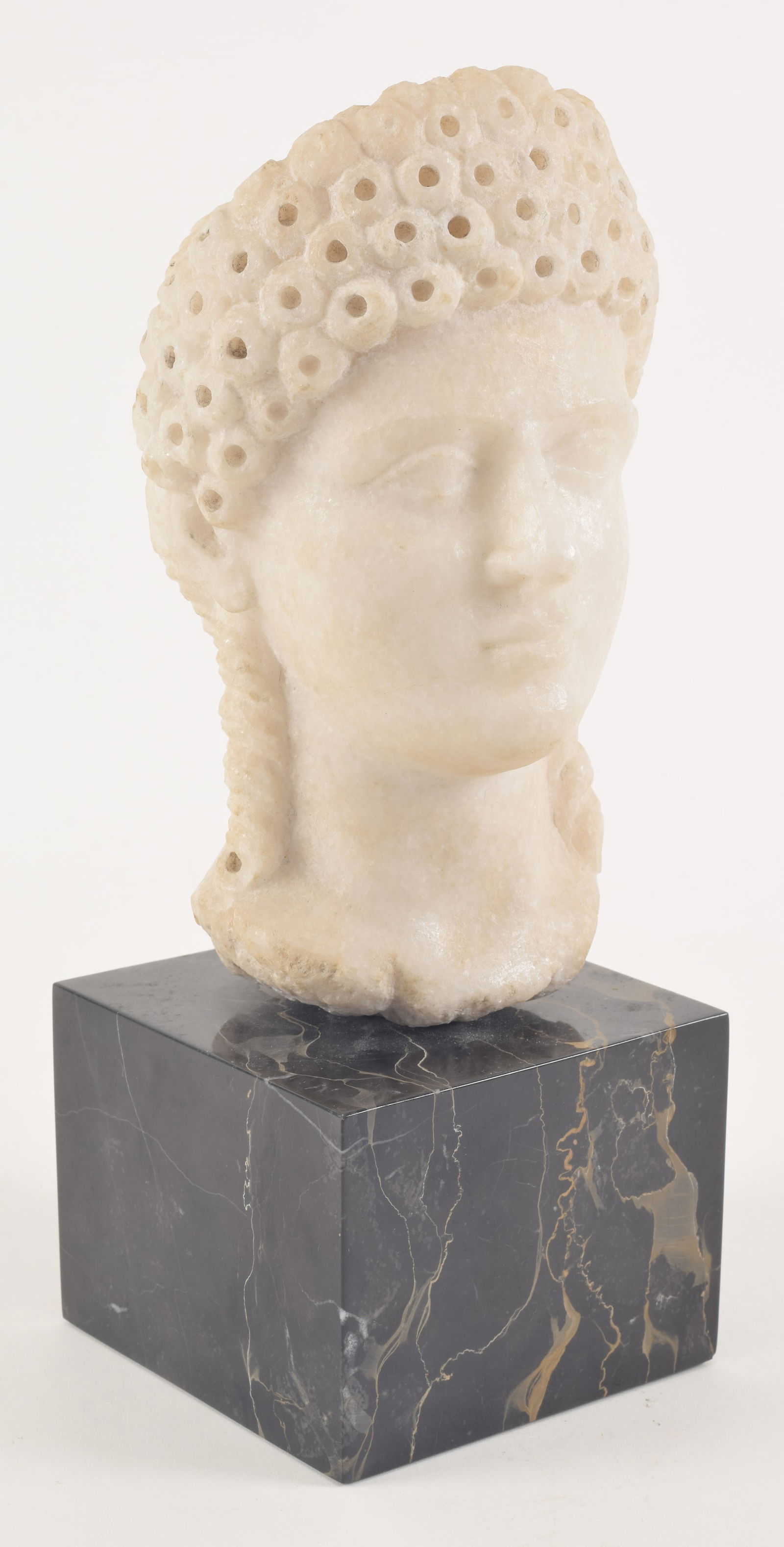 Roman marble head. Antiquity style woman with drilled hair. 8.5in marble. With base 12.25in. (1 of 5)