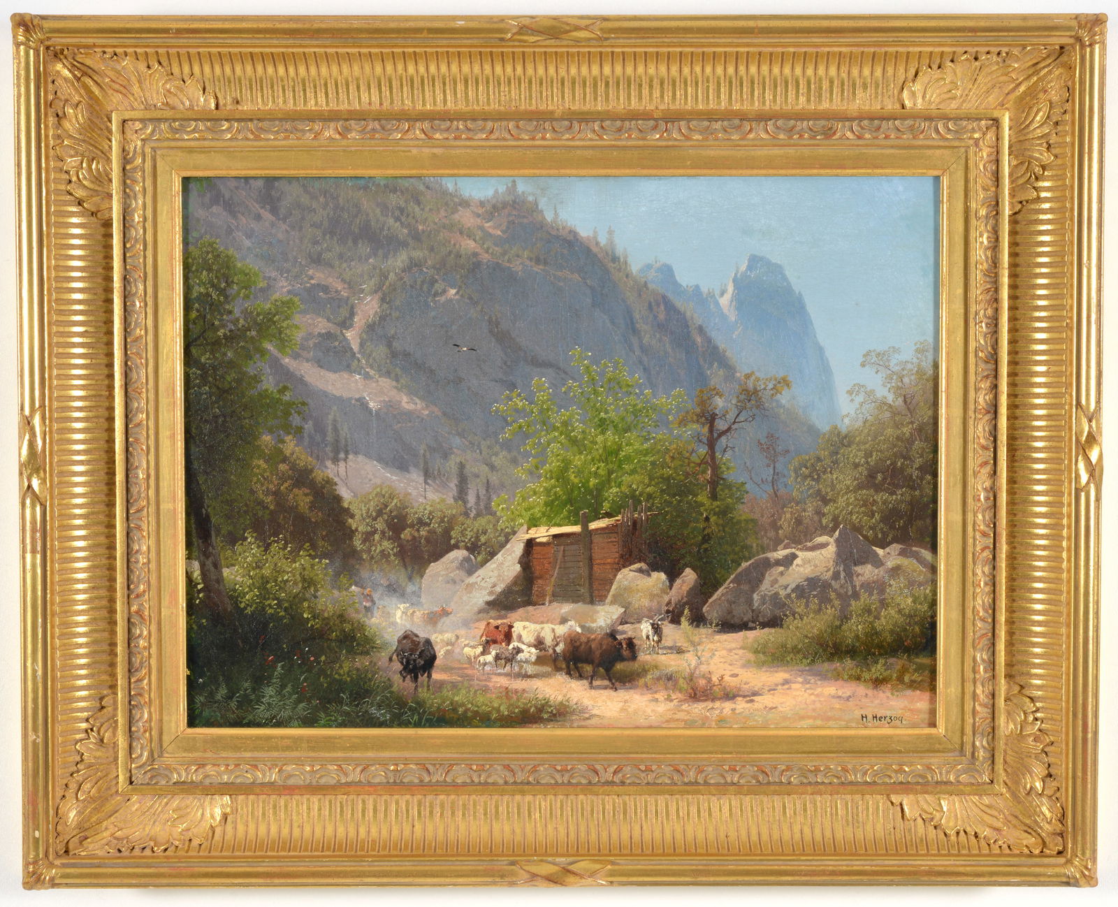 Hermann Herzog. Mountain landscape with cattle and sheep being herded by a drover. Oil on canvas.: Hermann Herzog. Mountain landscape with cattle and sheep being herded by a drover. Oil on canvas. Signed lower right. Framed. Questroyal fine art label on reverse. Sight: 17 x 23in. Overall: 25 x 31in