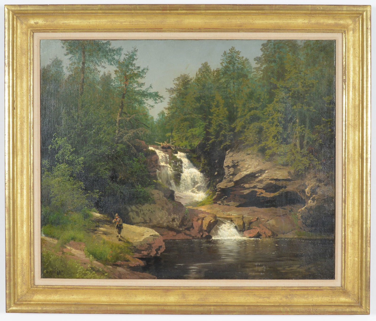 Hermann Herzog. "A Fisherman". Large woodland interior with a fisherman before cascading falls. Oil (1 of 11)