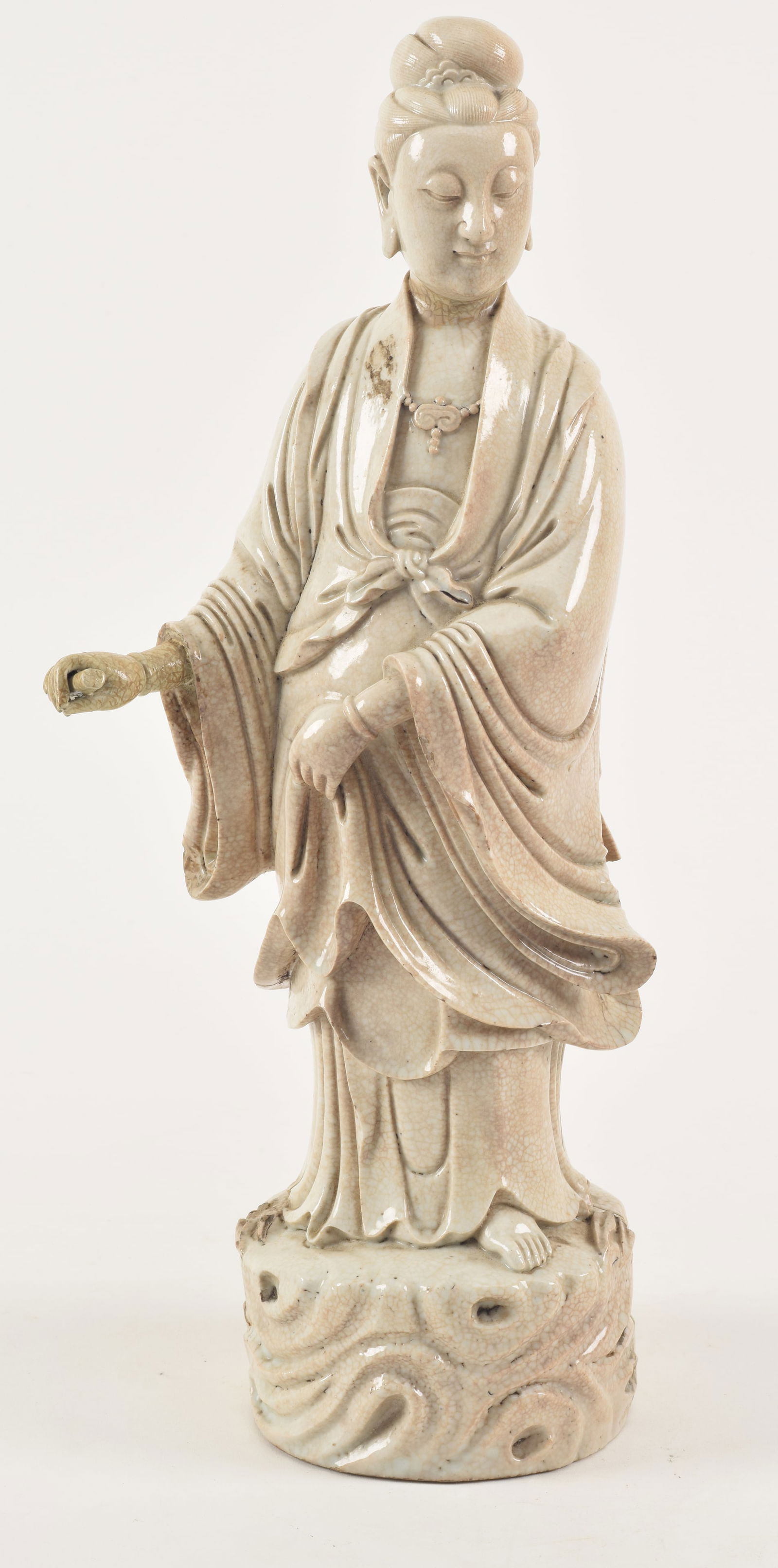 Chinese Ming period white crackle glaze porcelain standing Quan Yin figure. Impressed mark on her (1 of 12)