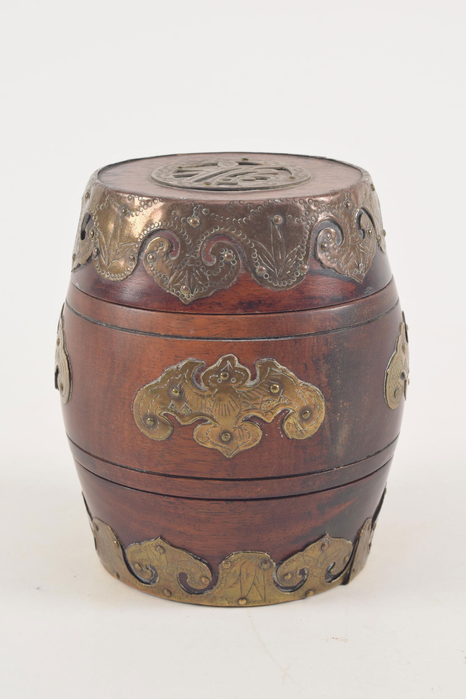 Rosewood garden seat shaped box. China. Early 20th century. Brass mounts. Contents inside, unable to (1 of 5)