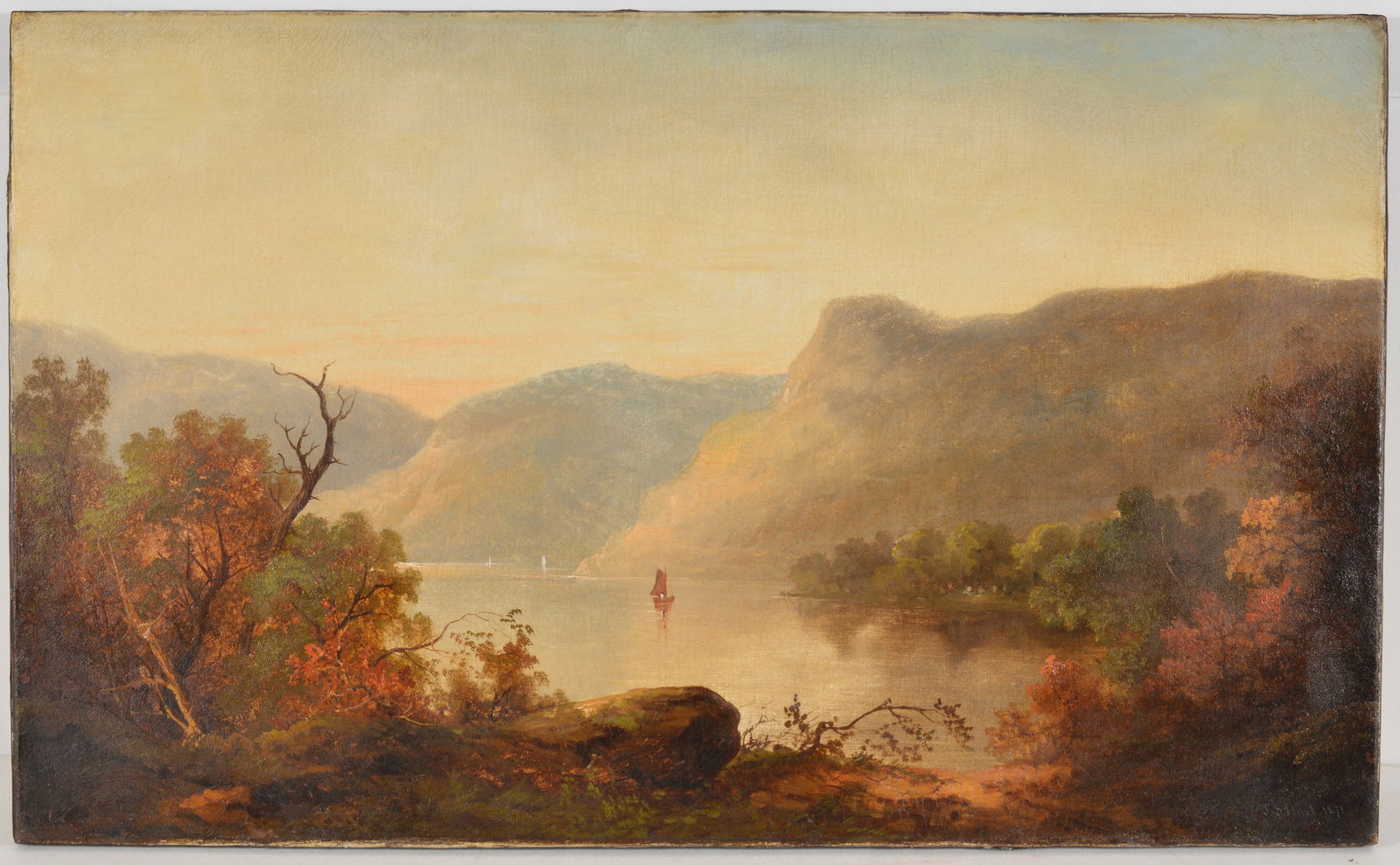 Large Hudson River school painting. 1871. Fall landscape with boats on a river. Signed JS Hart 1871 (1 of 8)