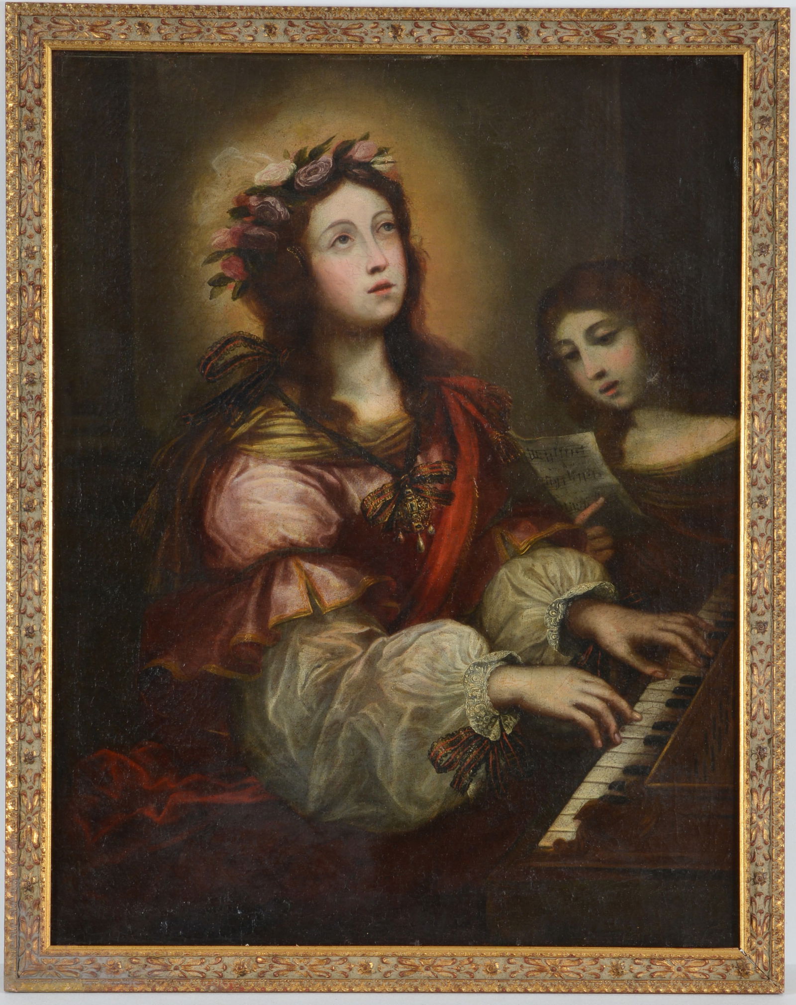 18th century old master painting depicting elaborately dressed woman playing an organ and a young: 18th century old master painting depicting elaborately dressed woman playing an organ and a young woman singing. Oil on canvas. Framed. Sight: 39.5 x 30.5in. Overall: 43 x 34in.