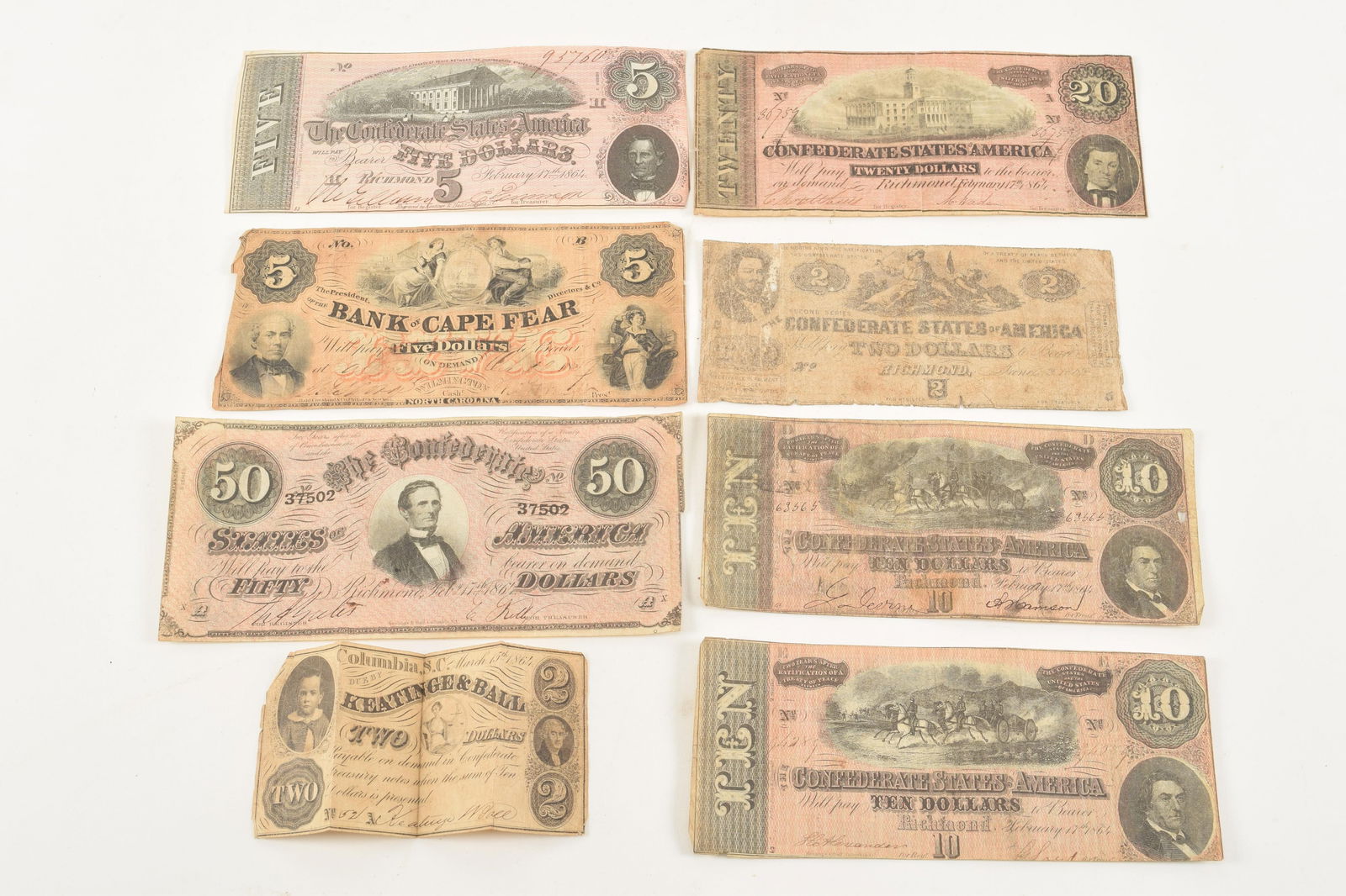 6 Confederate bank notes including $50, 20, 10 and 5 Richmond, VA, 1864; $2 Richmond, VA, 1862, $2 (1 of 9)