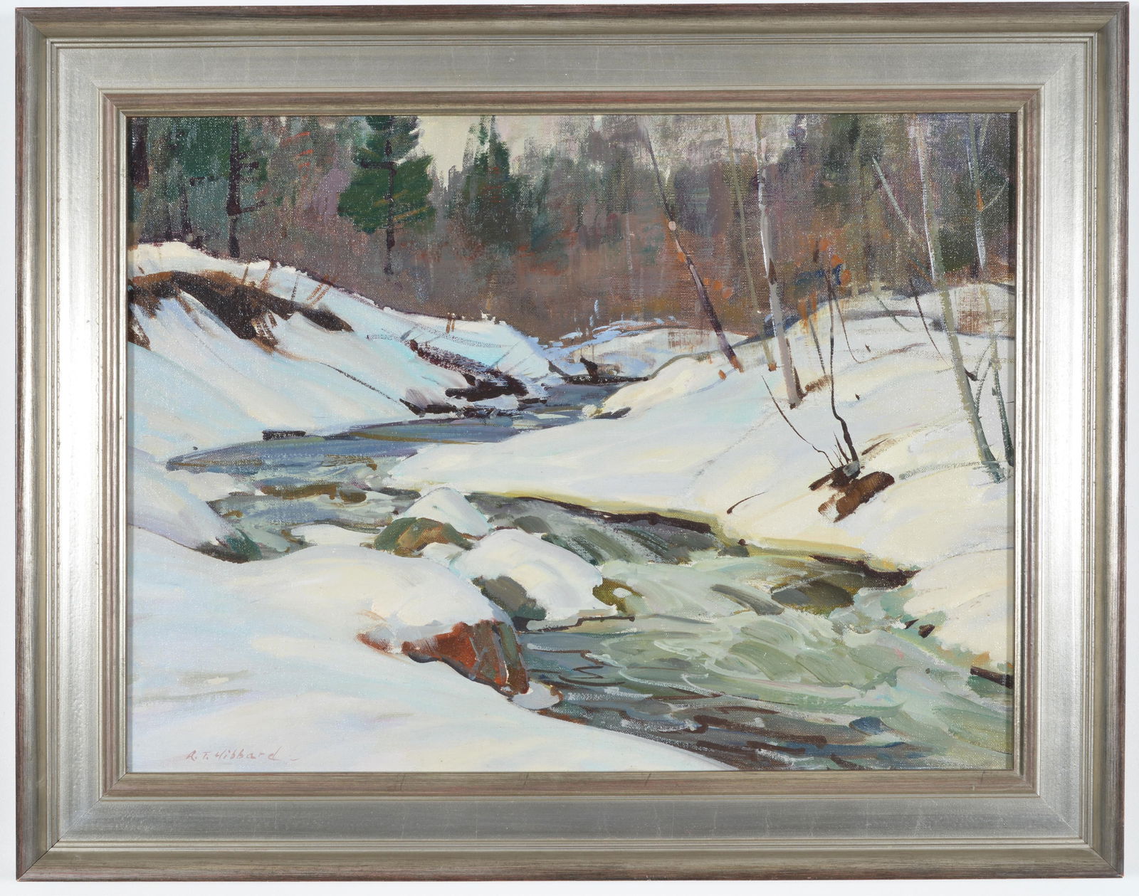 Aldro Hibbard. Winter landscape with running brook. Oil on board. Signed lower right. Inscribed on (1 of 8)