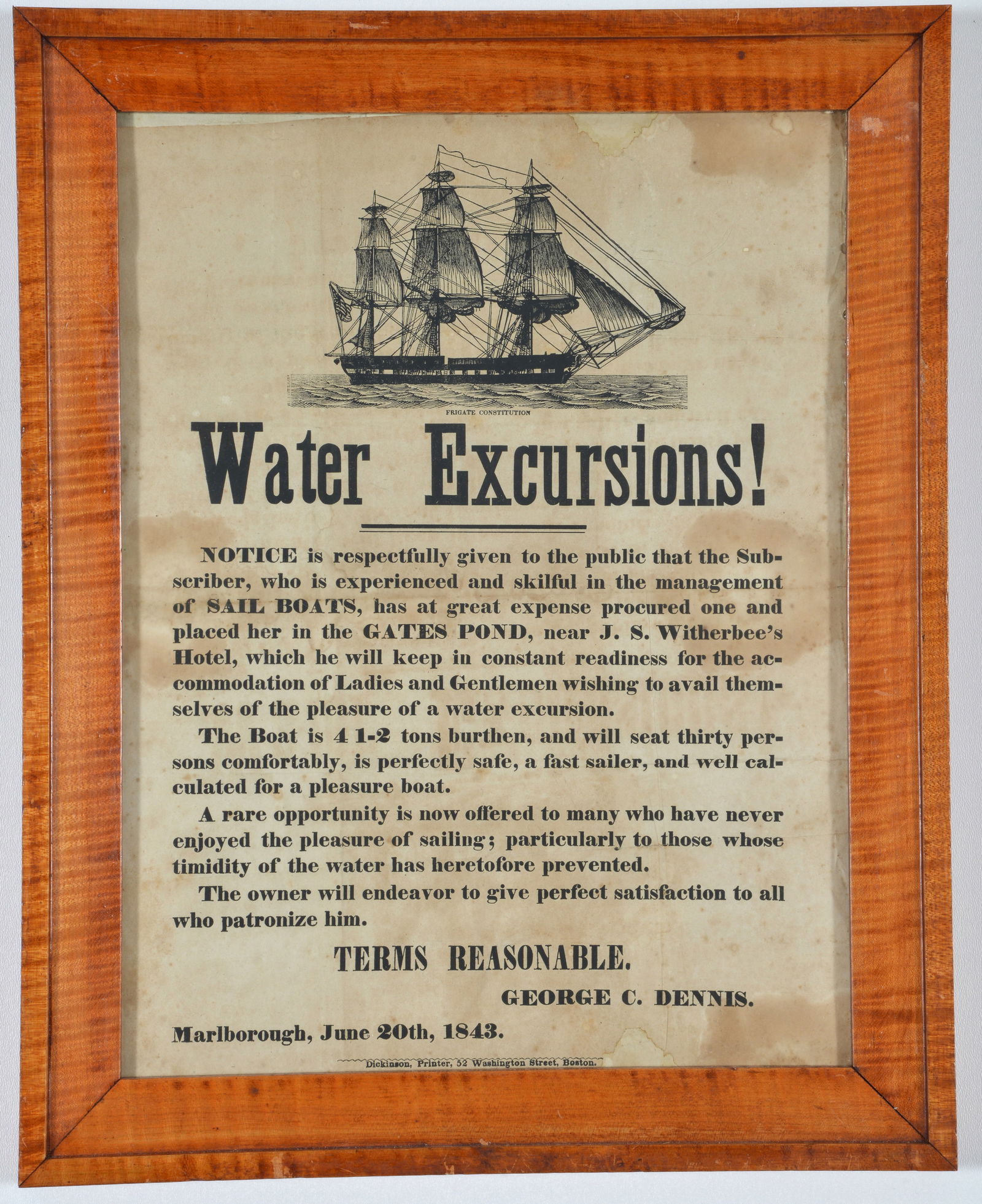 "Water Excursions!" 1843 Marlborough, Mass. broadside with image of the USS Constitution advertising (1 of 4)