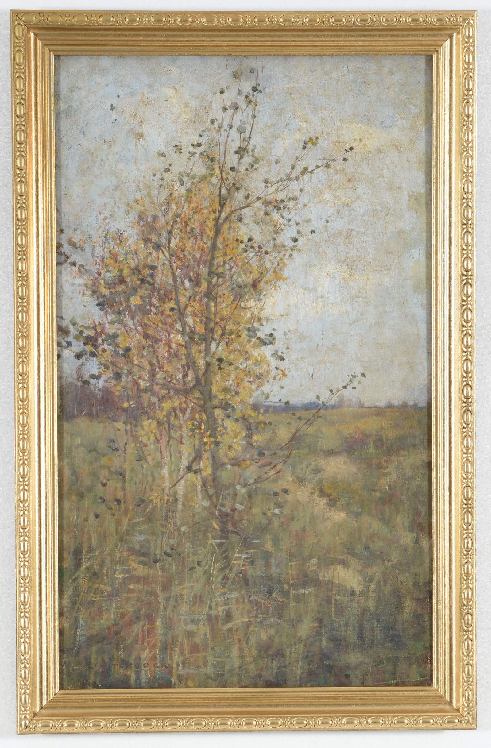 George Hitchcock. Impressionist landscape. Trees in a field. Signed lower left. Oil on canvas.: George Hitchcock. Impressionist landscape. Trees in a field. Signed lower left. Oil on canvas. Framed. Sight: 25.25 x 15in. Overall: 28.25 x 18in.
