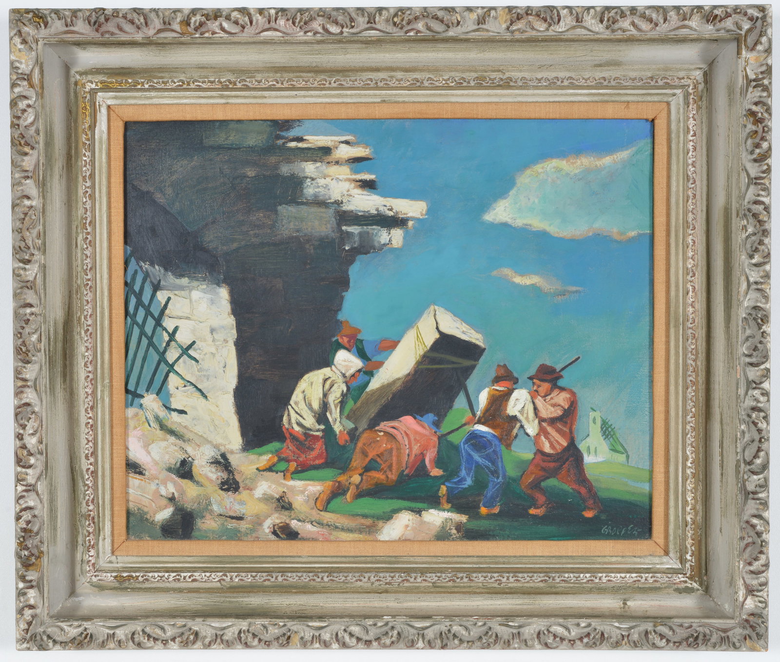 William Gropper. Modern satirical landscape with figures moving a heavy stone block. Oil on canvas. (1 of 7)