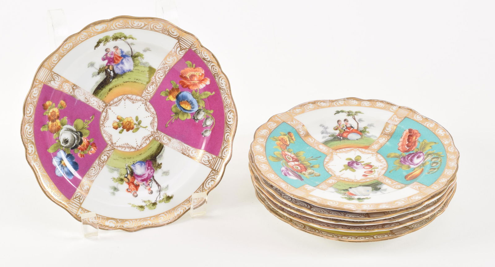 Meissen set of 6 porcelain saucers. Pink, teal, blue and yellow alternating panels with floral (1 of 9)