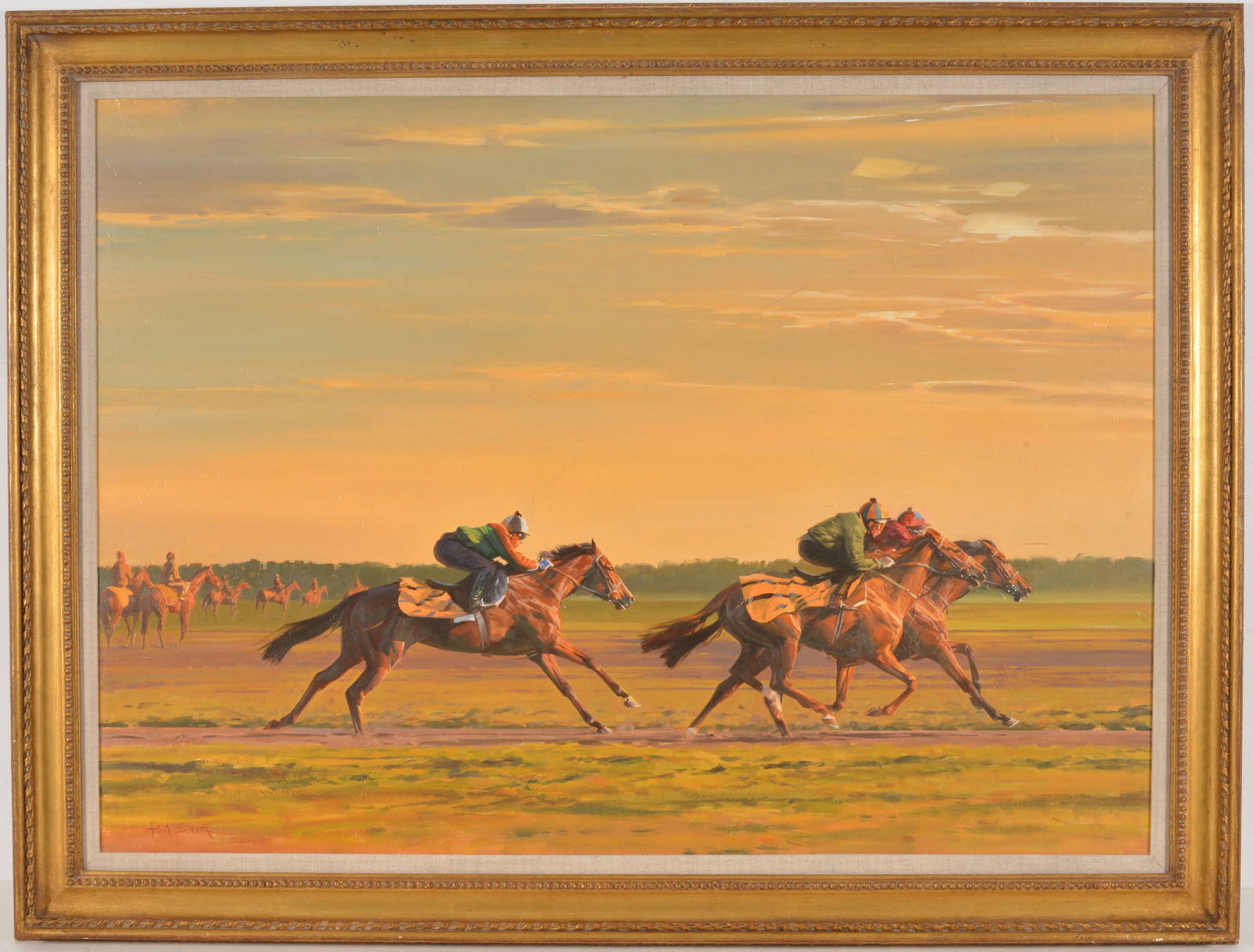 Peter Smith. Scottish. "Sharp Work". Large horse racing painting with horses coming down the (1 of 17)