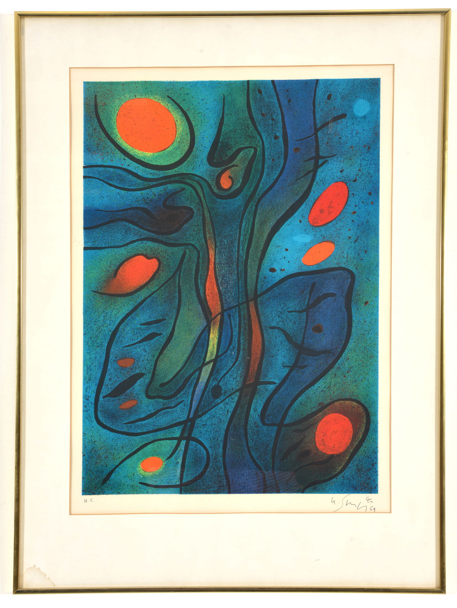 Gustave Singier, French 1909-1984. Abstact, 1969. Colored lithograph. Artist's proof, signed and: Gustave Singier, French 1909-1984. Abstact, 1969. Colored lithograph. Artist's proof, signed and dated in pencil lower right. Framed. Sight size 26 x 19 in. Overall size 34.5 x 25.25 in