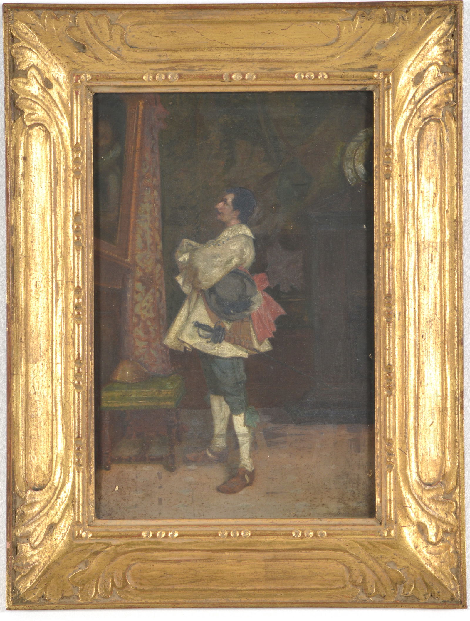 Late 19th century European interior genre scene painting of a figure standing before artwork. Oil on (1 of 10)